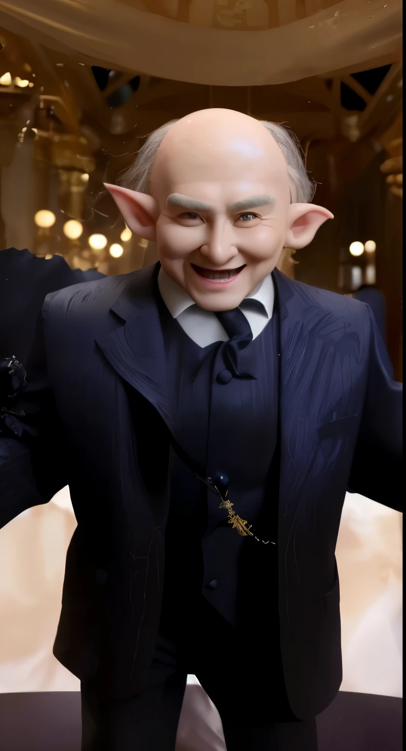 4K,HD quality,哈里波特 银行Elf,Big nose,Elf耳朵,Suit,Elf,positive smile,Cruel,standing,old,There are folds on the face。The background is magnificent and luxurious
