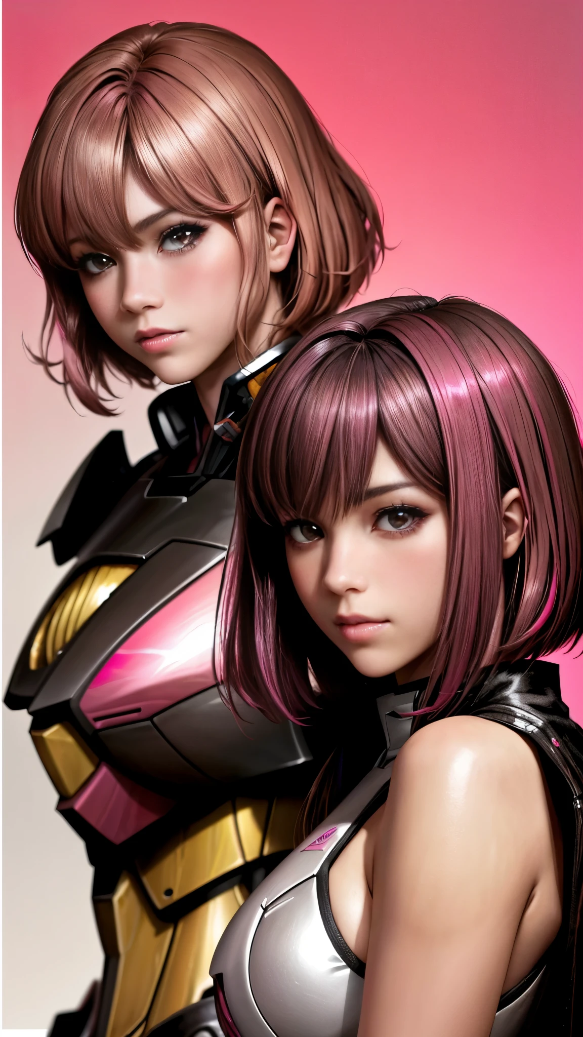 Photo of two realistic black Sazabi girls,Shortcut Bob Cut,I have a lot of hair,brown eyes,Hair color is bright pink,cool look,background is gray,16 year old daughter of Haman Khan and Char Aznable.
