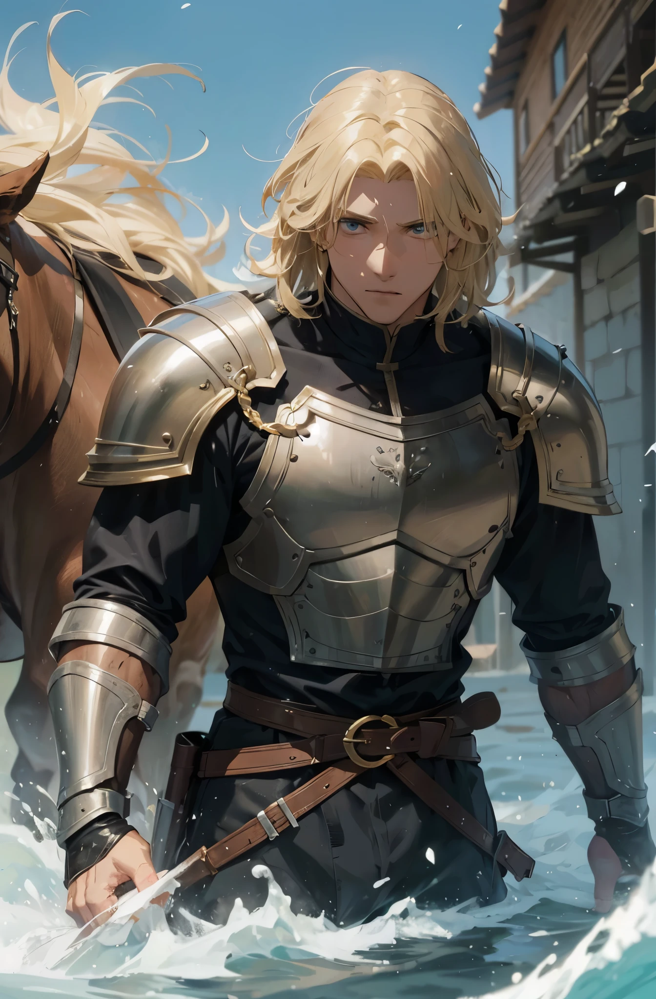 Homem, blonde, cabelo curto, adulto, alto, forte, homem grande, musculoso, medieval, anime, cavaleiro, armadura, olhos azuis