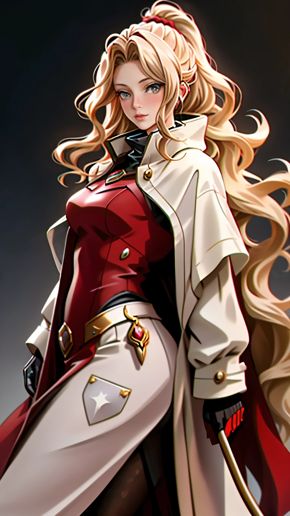 Realistic Red Sotheby Girl Photo,35 year old beautiful woman,long side waves,delicate blonde hair,cool look,background is gray,Coat of arms of the Principality of Zeon,