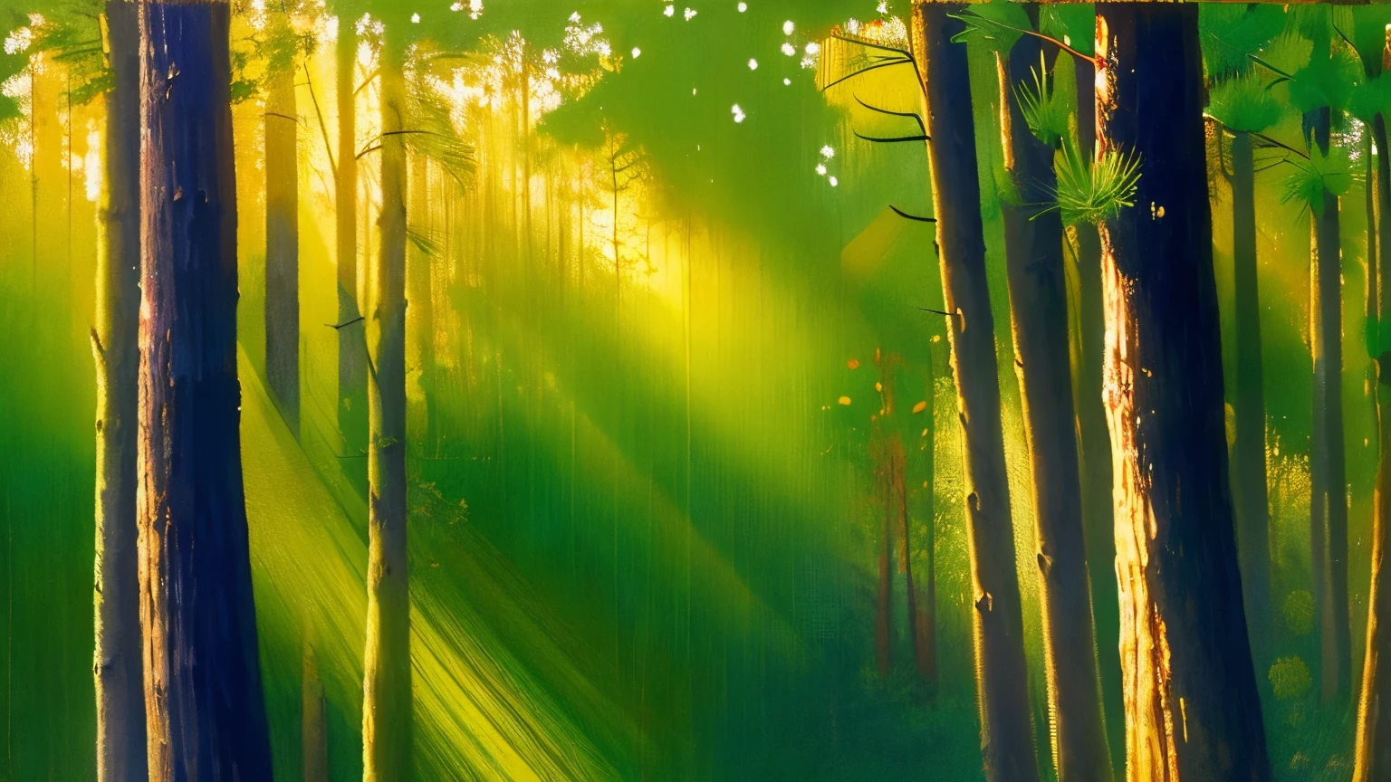 In the serene setting of peaceful pine-scented forests, tall trees tower above a lush undergrowth, emanating a soothing aroma. The image, a stunning oil painting, captures the vibrant green hues of the pine needles juxtaposed against the golden sunlight filtering through the canopy. Every branch and needle is intricately detailed, the play of light and shadows adding depth and dimension to the scene. This masterfully crafted artwork evokes a sense of tranquility and harmony with nature, inviting viewers to immerse themselves in the beauty of the natural world.