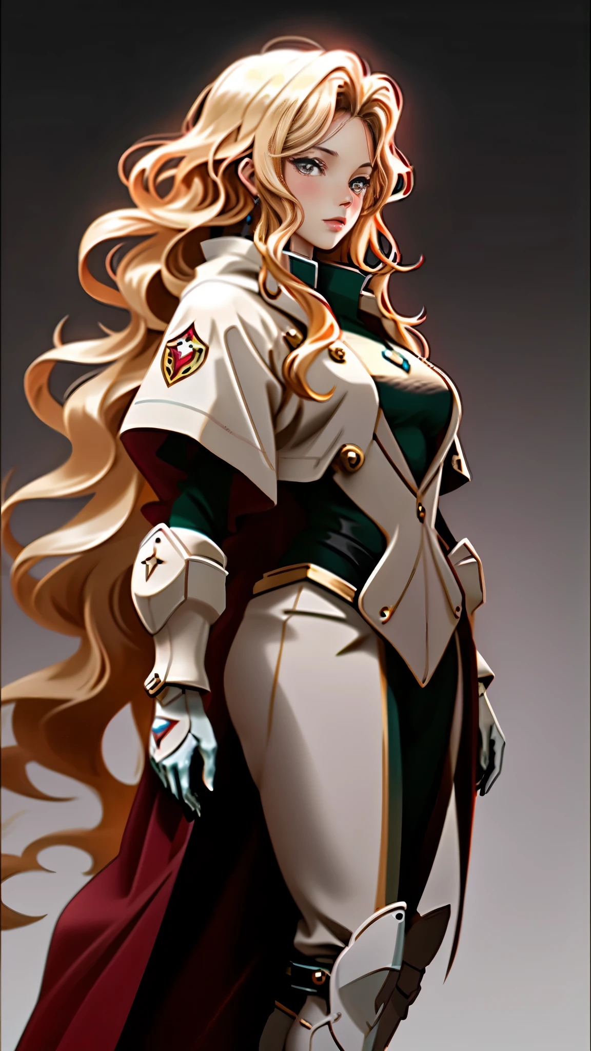 Realistic Red Sotheby Girl Photo，35 year old beautiful woman，long side waves，delicate blonde hair，cool look，background is gray，Coat of arms of the Principality of Zeon，