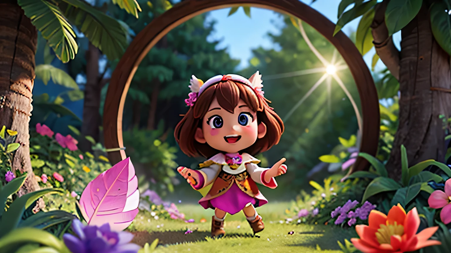 Generate visuals of Pippa and her friends gathering magical materials from the forest, such as sparkling crystals, radiant flowers, and colorful feathers.