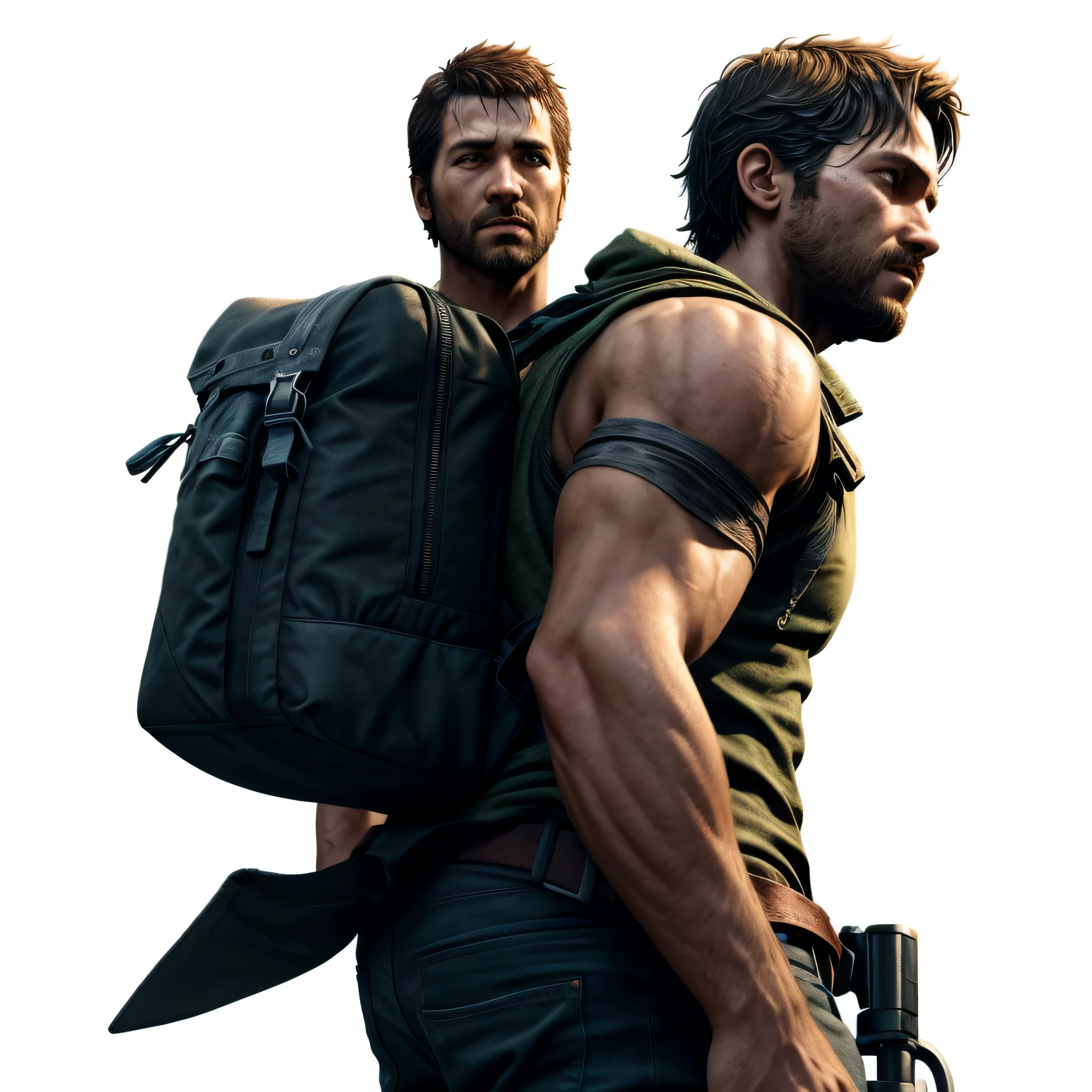 "Close-up of a man carrying a backpack and bow, naughty dog《the last of us》rendering (Sweet and innocent expression) In a post-apocalyptic world full of zombies. The man looks exactly like Arthur Morgan from the game, 《the last of us》Ellie, 和Logan, Has movies《Logan》Realistic style of stills. The scene captures the essence of the video game character with realistic depictions."4K ultra-clear characters,Super real、Super detailed characters。