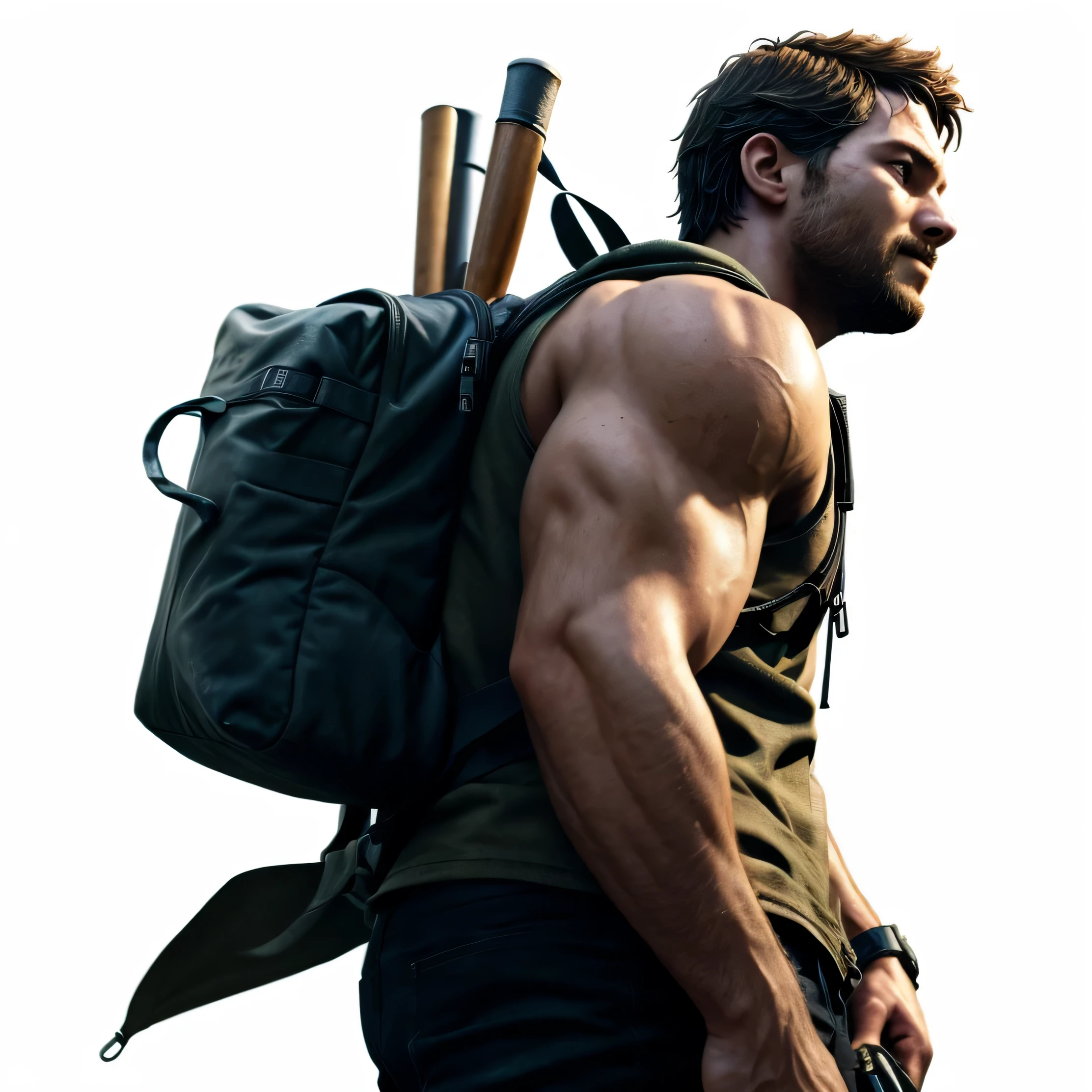 "Close-up of a man carrying a backpack and bow, naughty dog《the last of us》rendering (Sweet and innocent expression) In a post-apocalyptic world full of zombies. The man looks exactly like Arthur Morgan from the game, 《the last of us》Ellie, 和Logan, Has movies《Logan》Realistic style of stills. The scene captures the essence of the video game character with realistic depictions."4K ultra-clear characters，Super real、Super detailed characters。