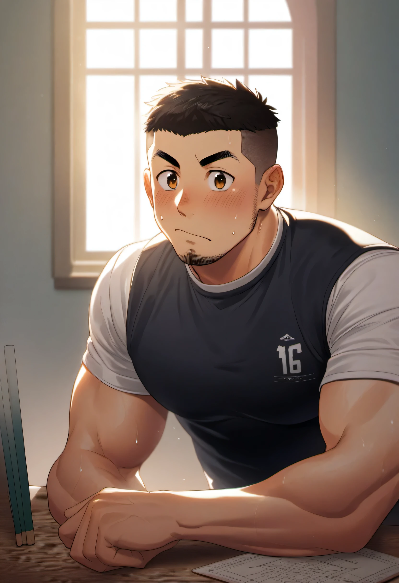 1 muscular athlete, He was wearing a tight black vest, In the comfort of your own bedroom, sitting at desk, The sun shines through the window, Sweat, short hair, raised eyebrows, V-shaped eyebrows, Jiliu, blush, beard, 16k, Ultra-detailed, high detail, best quality, masterpiece,simple background, best quality, amazing quality, best aesthetics, Ridiculous, 2023