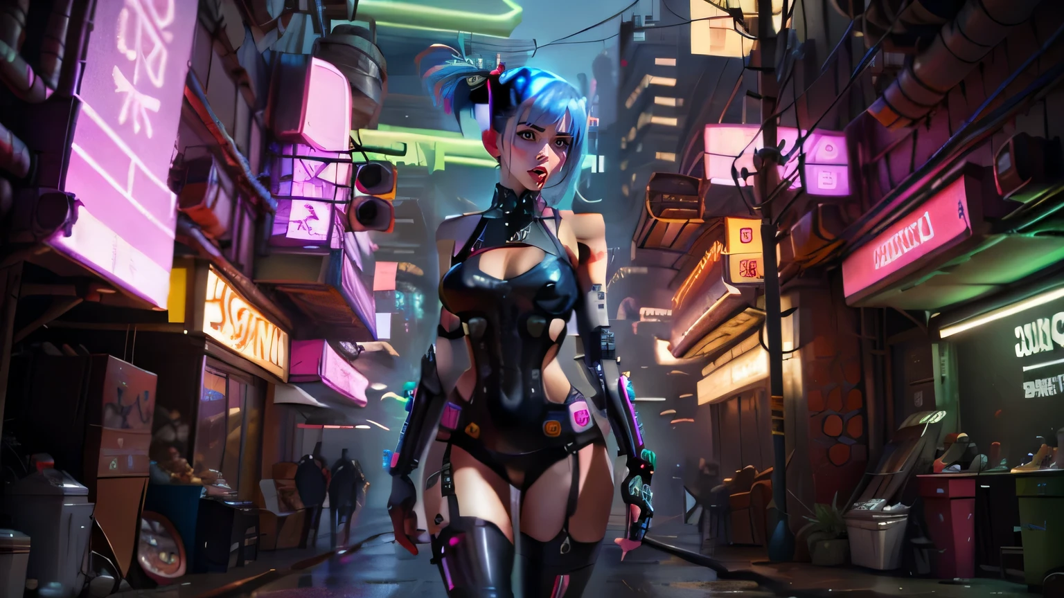 (((Cowboy close up))),Masterpiece, top quality, Best quality, Official art, beautiful and aesthetically pleasing:1.2),(1 Sofia Boutella cyberpunk girl:1.4),([Pink|blue] hair:1.5),((very detailed face)),(fractal art:1.3),(colorful:1.5), ((very detailed face)), Hyper detailed,(Mechanical modification:1.3),(modification:1.2),virgin,(complex mechanical conduit, Inserted at the back:1.5),(neon background:1.4),(neon city:1.75),night,big breasts, hip gap, camel toe, (Gothic_ta:1.2),high heels,(:0.75),make up,blush,(cyberpunk:1.4),((I&#39;m looking at the viewer:1.3))
