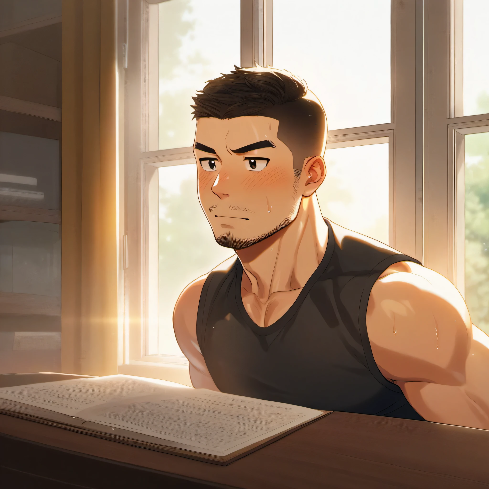 1 muscular athlete, He was wearing a tight black vest, In the comfort of your own bedroom, sitting at desk, The sun shines through the window, Sweat, short hair, raised eyebrows, V-shaped eyebrows, Jiliu, blush, beard, 16k, Ultra-detailed, high detail, best quality, masterpiece,simple background, best quality, amazing quality, best aesthetics, Ridiculous, 2023