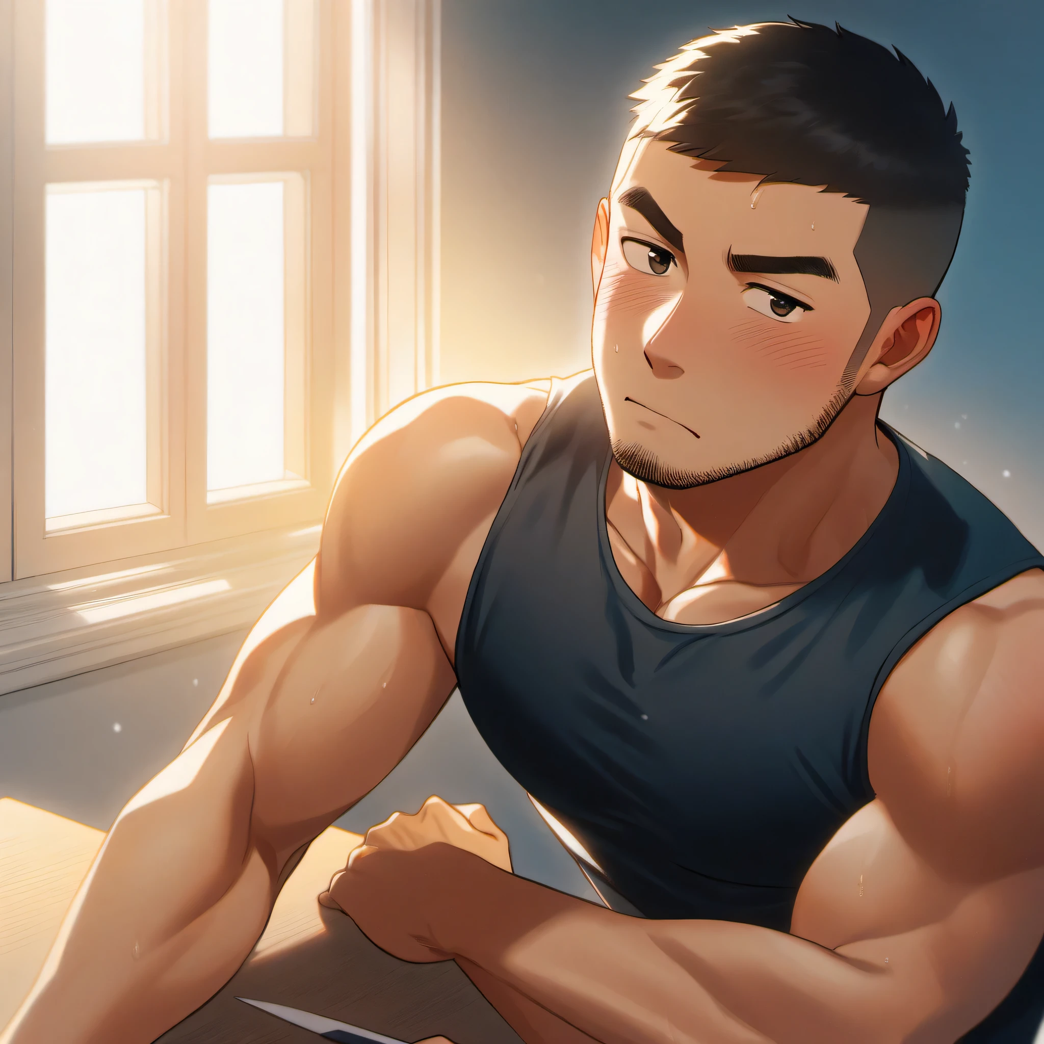 1 muscular athlete, He was wearing a tight black vest, In the comfort of your own bedroom, sitting at desk, The sun shines through the window, Sweat, short hair, raised eyebrows, V-shaped eyebrows, Jiliu, blush, beard, 16k, Ultra-detailed, high detail, best quality, masterpiece,simple background, best quality, amazing quality, best aesthetics, Ridiculous, 2023