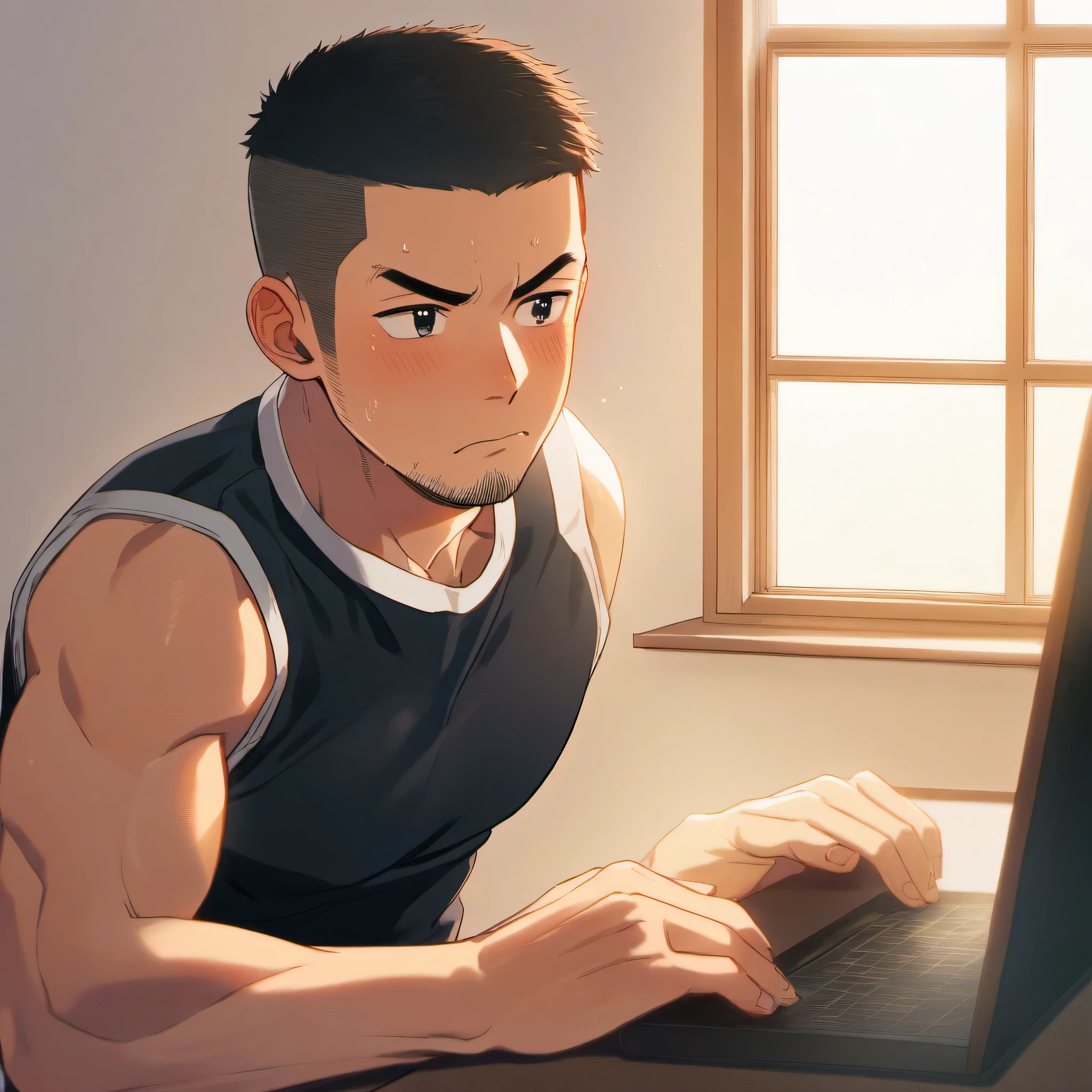 1 muscular athlete, He was wearing a tight black vest, In the comfort of your own bedroom, sitting at desk, The sun shines through the window, Sweat, short hair, raised eyebrows, V-shaped eyebrows, Jiliu, blush, beard, 16k, Ultra-detailed, high detail, best quality, masterpiece,simple background, best quality, amazing quality, best aesthetics, Ridiculous, 2023