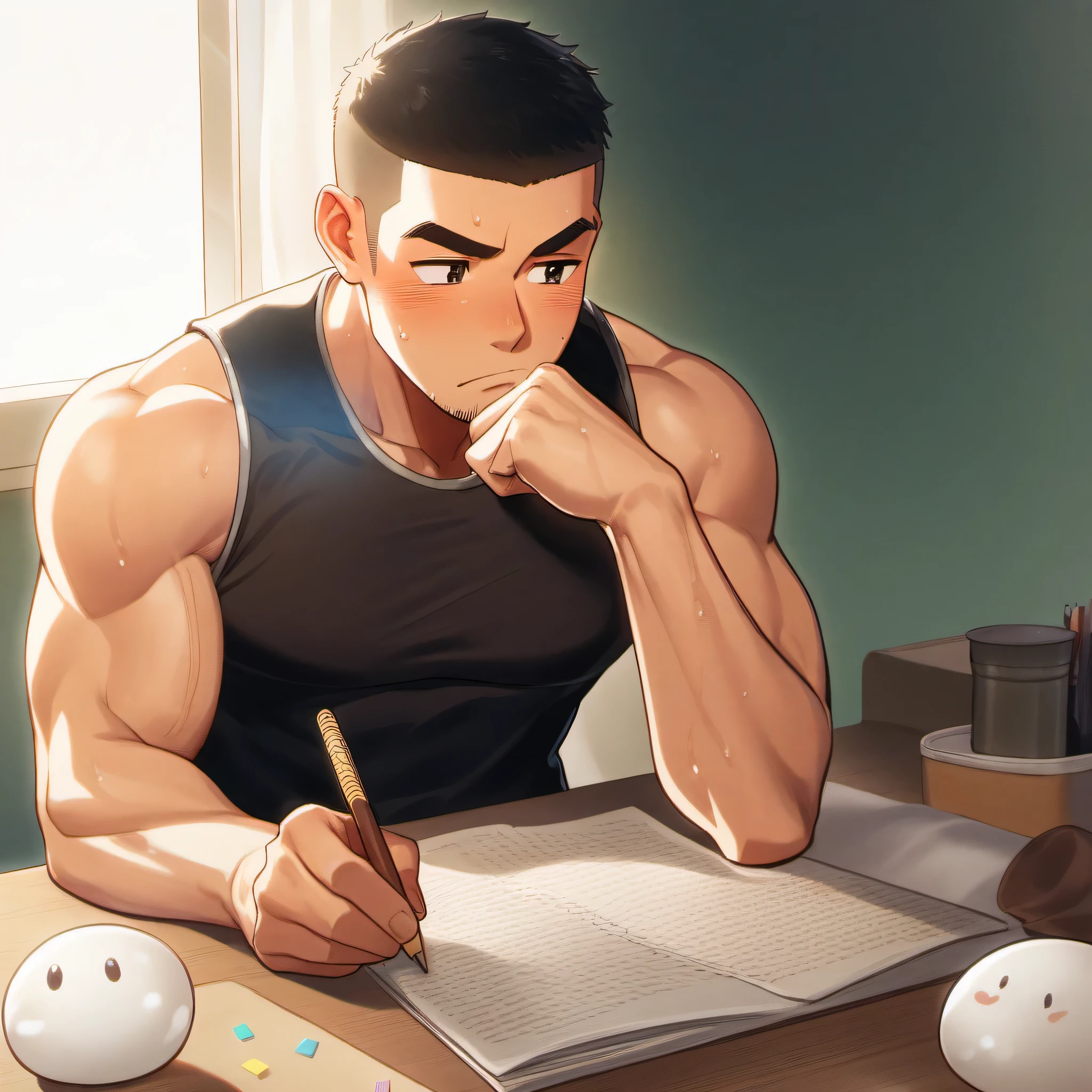 1 muscular athlete, He was wearing a tight black vest, In the comfort of your own bedroom, sitting at desk, I have white mucus on my right hand,The sun shines through the window, Sweat, short hair, raised eyebrows, V-shaped eyebrows, Jiliu, blush, beard, 16k, Ultra-detailed, high detail, best quality, masterpiece,simple background, best quality, amazing quality, best aesthetics, Ridiculous, 2023