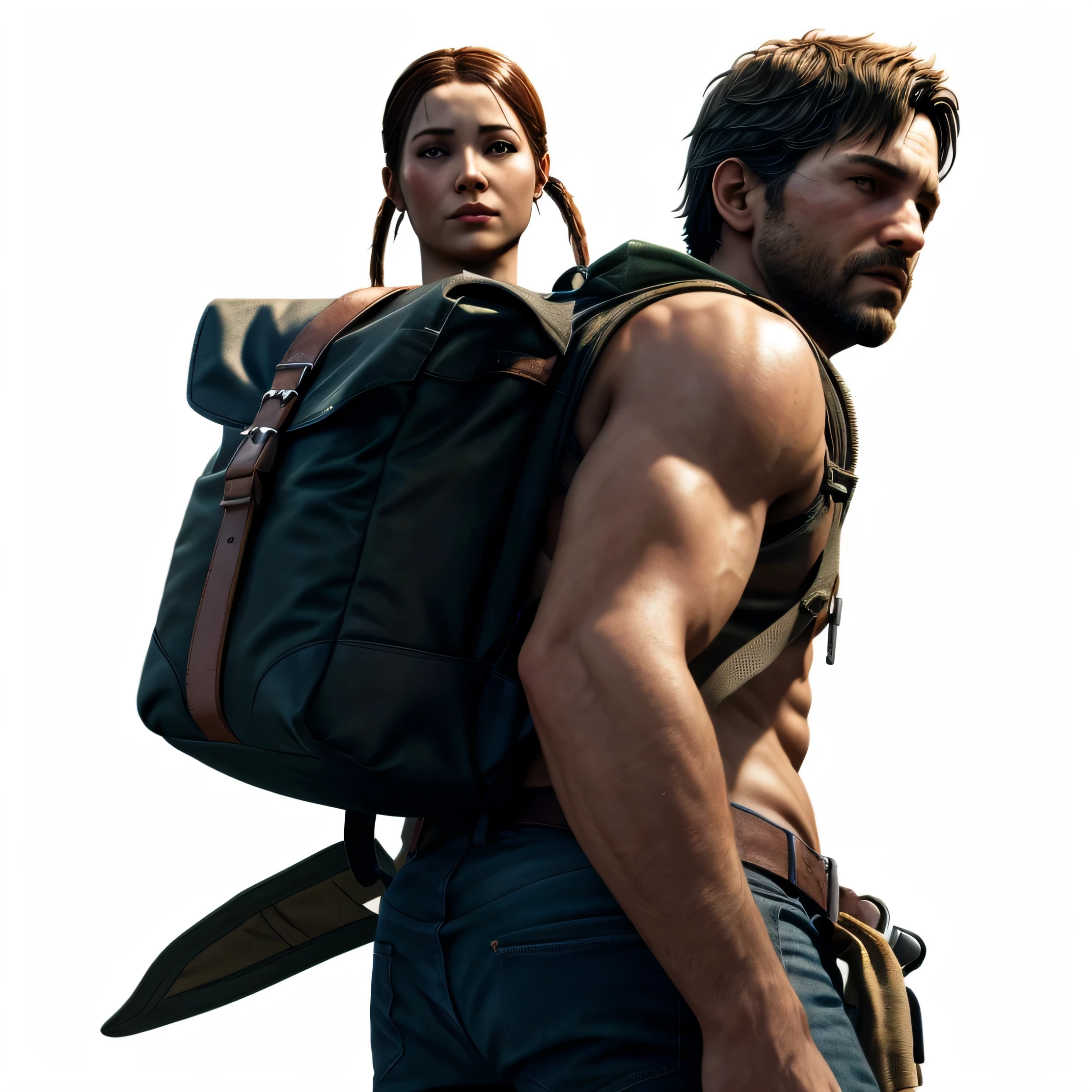 "Close-up of a man carrying a backpack and bow, naughty dog《the last of us》rendering (Sweet and innocent expression) In a post-apocalyptic world full of zombies. The man looks exactly like Arthur Morgan from the game, 《the last of us》Ellie, 和Logan, Has movies《Logan》Realistic style of stills. The scene captures the essence of the video game character with realistic depictions."4K ultra-clear characters，Super real、Super detailed characters。