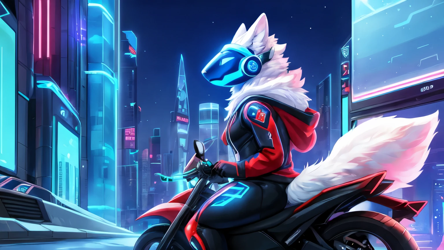 8k, 4k, Detailed, High quality, furry, female, mature female, by buta99, arctic protogen, long visor, blue visor, tuft neck, fluffy tail, sexy body, futuristic assasin clothing, hoodie on, ridding on a motorbike, futuristic city, side view