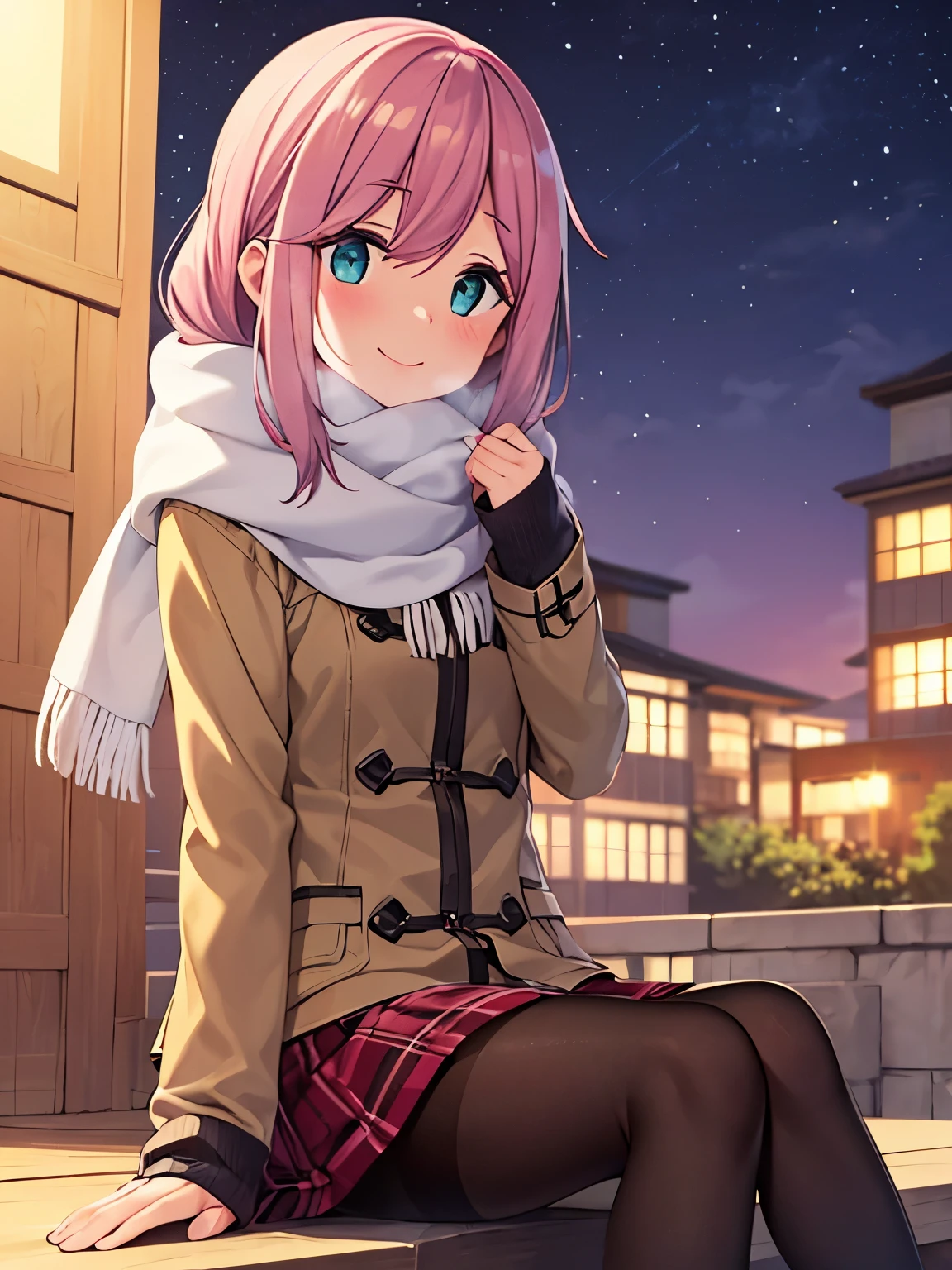 best quality, 1girl, solo, cowboy shot, outdoors, night sky, smile, looking at viewer, withLora(nadeshiko-yurucamp-01,0.6), nadeshiko kagamihara, twintails, winter clothes, sitting, down jacket, scarf, black pantyhose