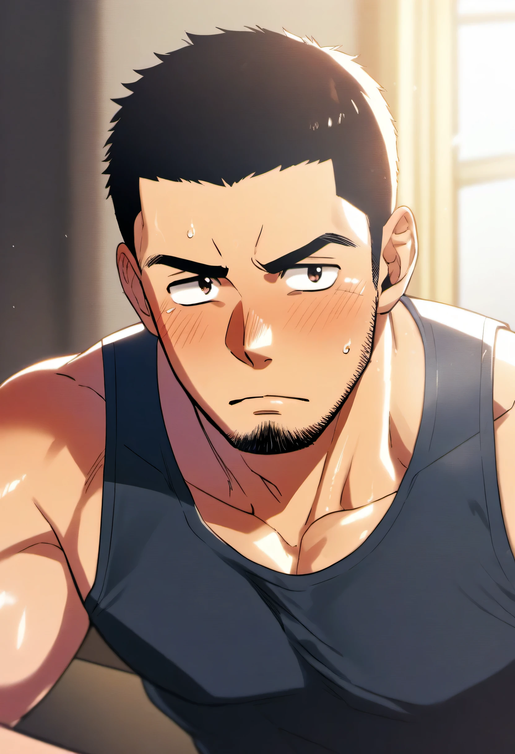 1 muscular athlete, He was wearing a tight black vest, In the comfort of your own bedroom, sitting at desk, The sun shines through the window, Sweat, short hair, raised eyebrows, V-shaped eyebrows, Jiliu, blush, beard, 16k, Ultra-detailed, high detail, best quality, masterpiece