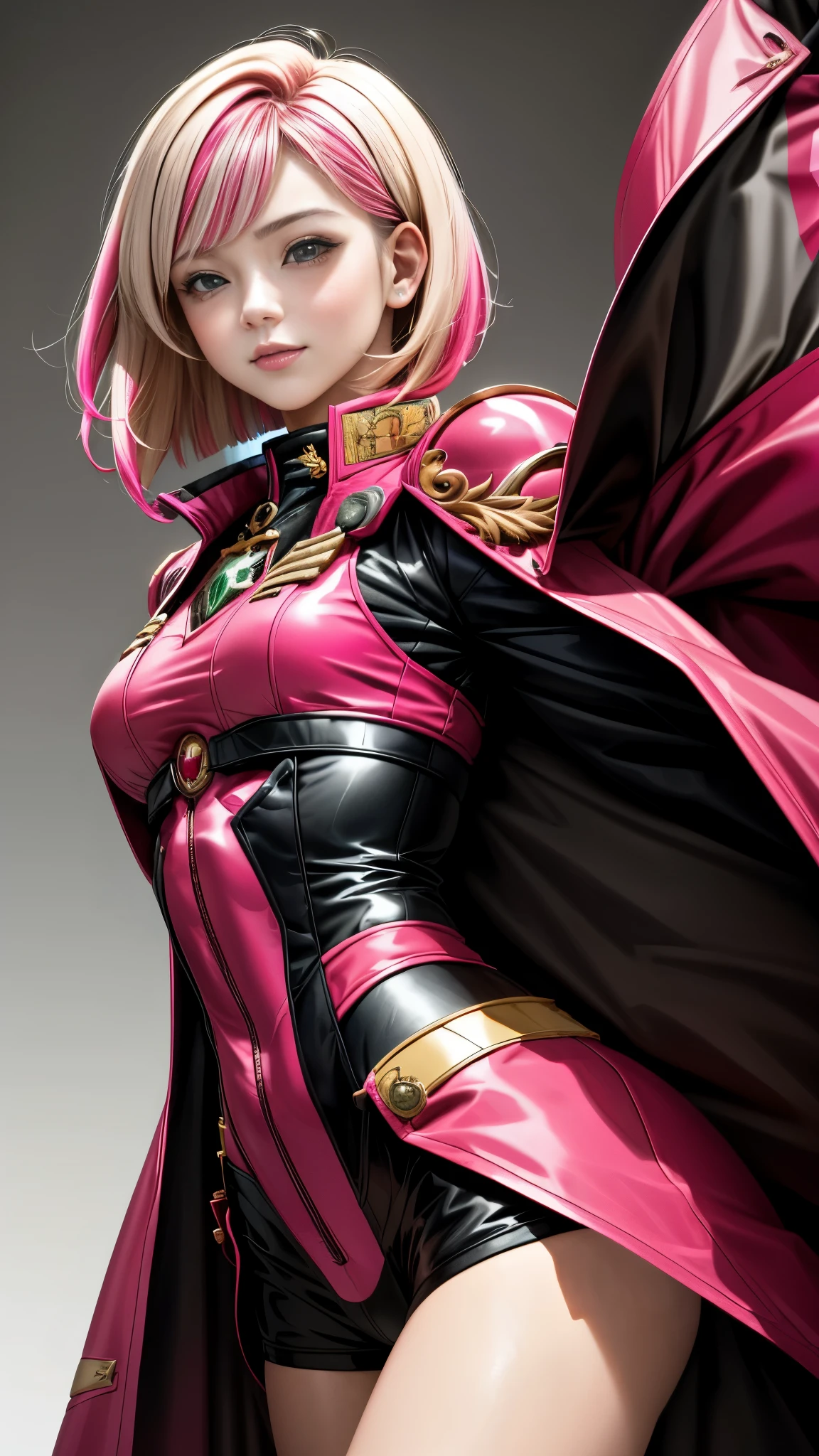 Realistic Red Sotheby Girl Photo，short bob cut，Her hair color is bright pink and has a gradation with blonde.，cool look，background is gray，Coat of arms of the Principality of Zeon，The 16-year-old daughter of Hamankarn and Char Aznable.，