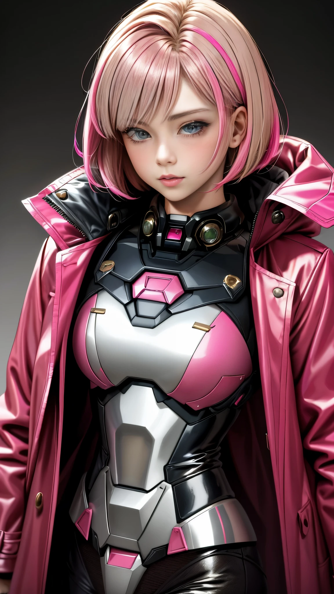 Realistic Red Sotheby Girl Photo,short bob cut,Her hair color is bright pink and has a gradation with blonde.,cool look,background is gray,Coat of arms of the Principality of Zeon,The 16-year-old daughter of Hamankarn and Char Aznable.,