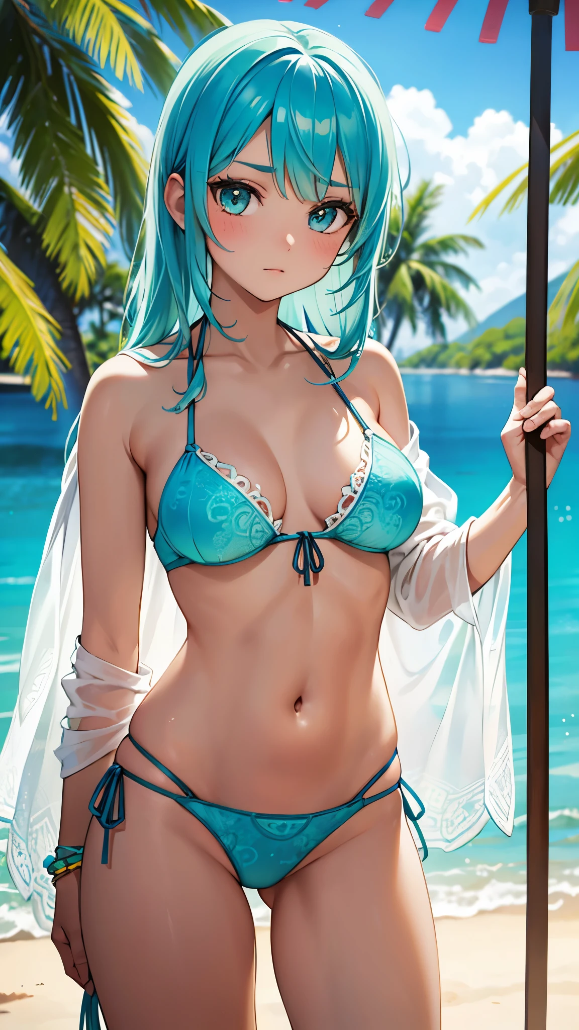 Bohemian Chic in Turquoise: A boho-inspired bikini set with intricate turquoise patterns and crochet details.
ultra detail, vibrant colors, girl, masterpiece, sharp focus, best quality, depth of field, cinematic lighting, realistic, correct anatomy,