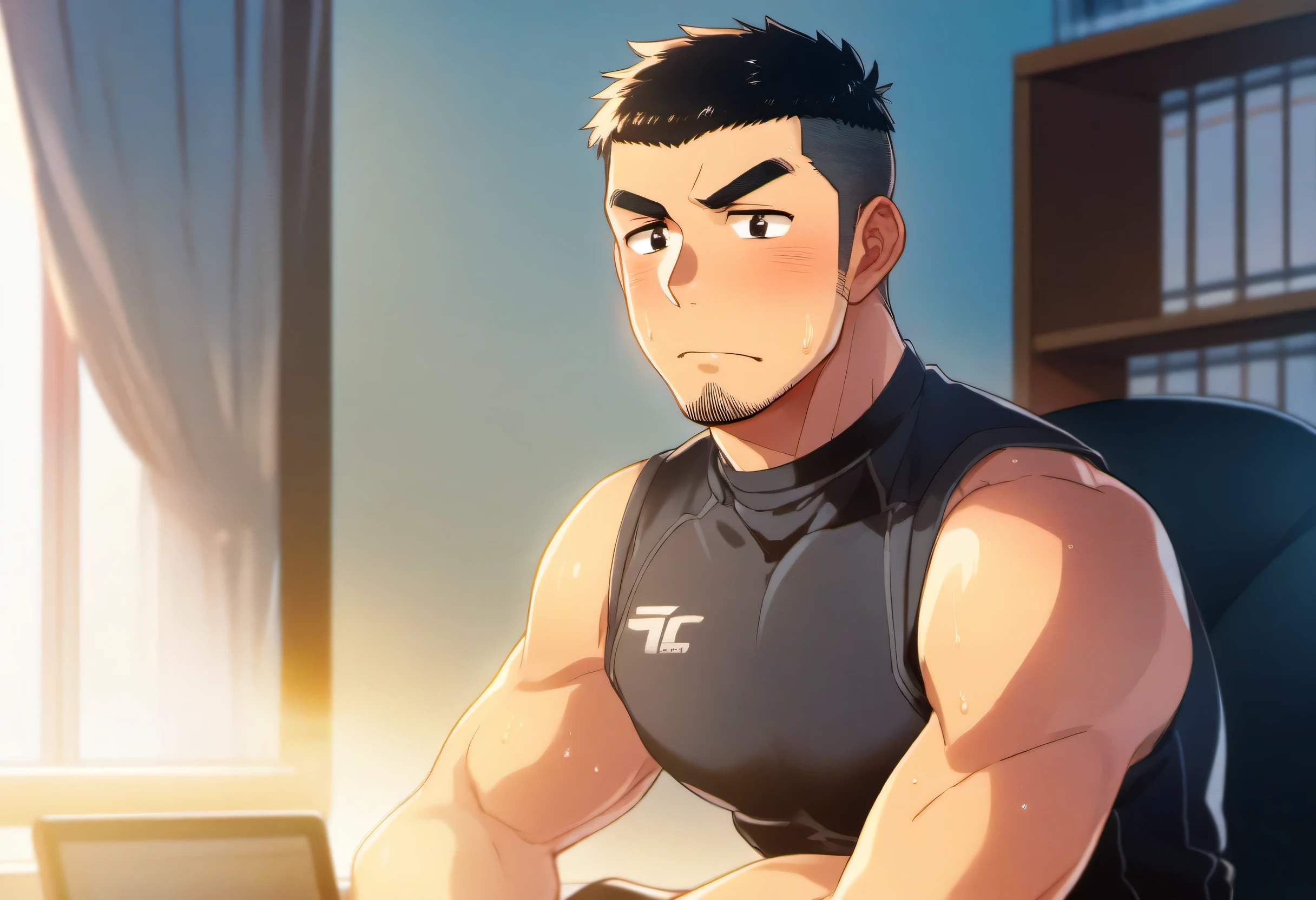 1 muscular athlete, He was wearing a tight black vest, In the comfort of your own bedroom, sitting at desk, The sun shines through the window, Sweat, short hair, raised eyebrows, V-shaped eyebrows, Jiliu, blush, beard, 16k, Ultra-detailed, high detail, best quality, masterpiece