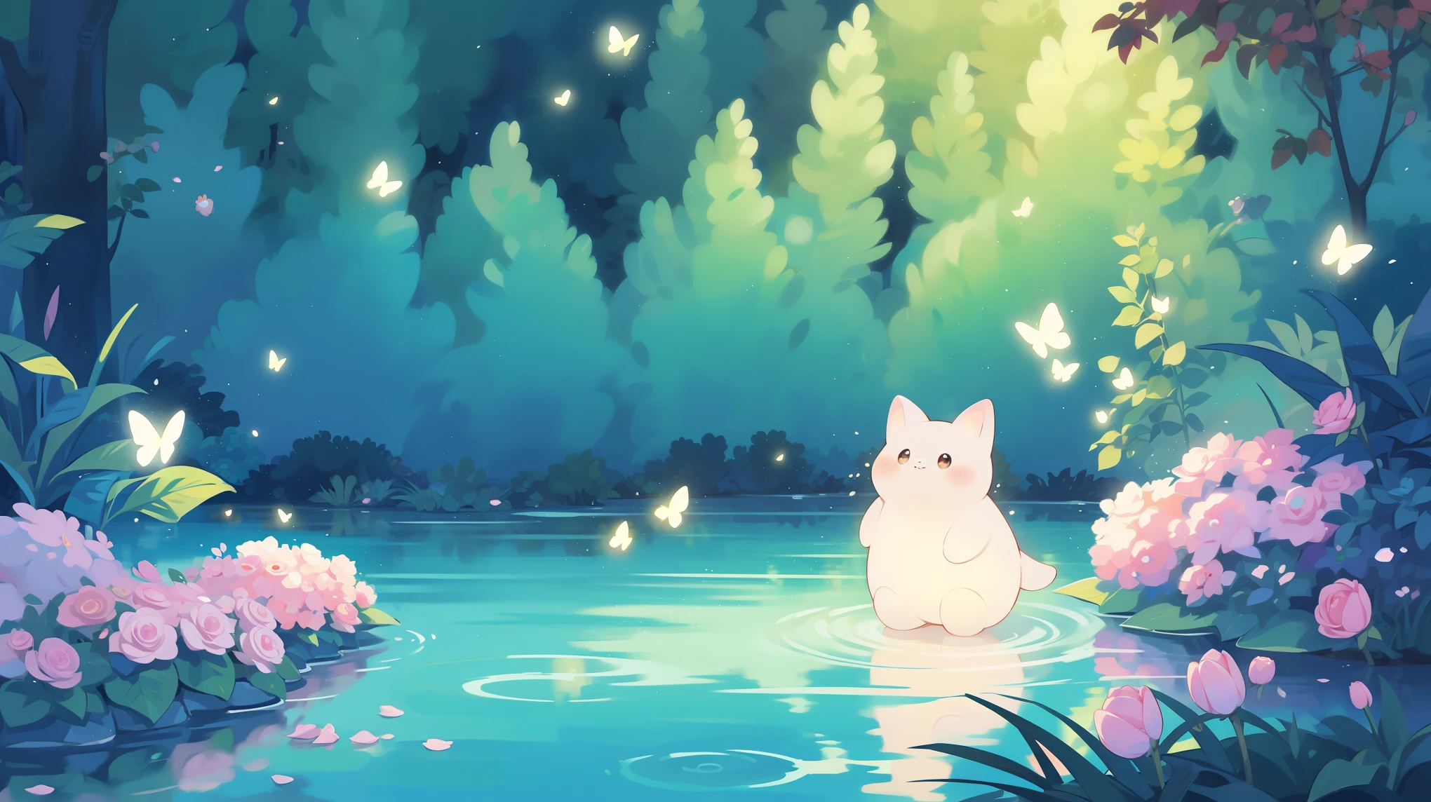 picture book illustration, Watercolor storybook illustration, Vibrant pastel colors, Dreamy, rich and colorful, whimsical, magic, masterpiece, best quality, sharp focus, Intricately detailed environments, Fine details, 8k resolution, Fall lagoon, (magic lagoon), (Fall, lake), (Luminous lamp, firefly, glowing butterfly