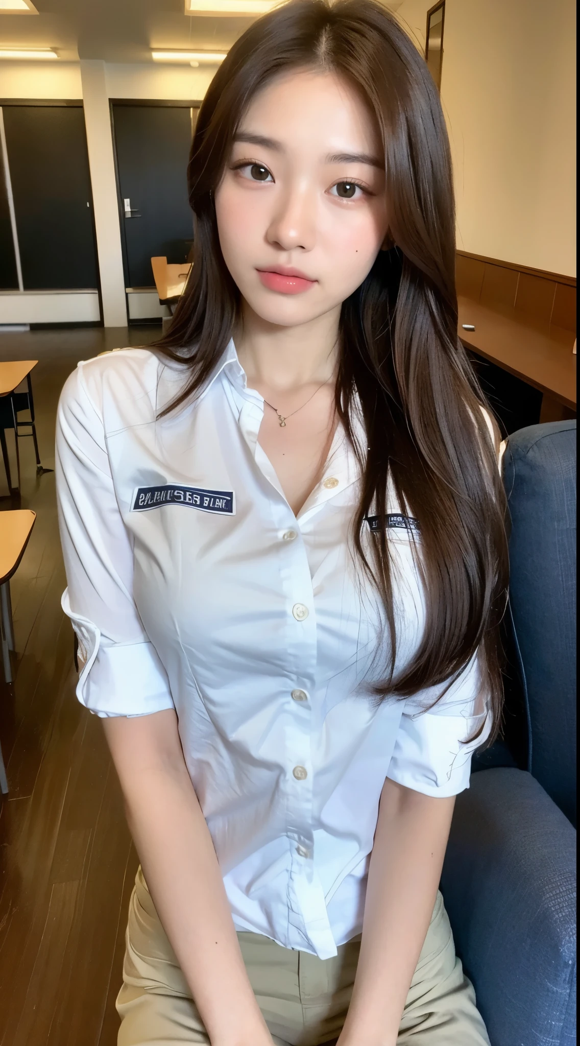 15 years old、high school student、((highest quality, 8k, masterpiece :1.3)), sharp focus :1.2, beautiful woman with perfect figure :1.4, thin abs :1.2, ((dark brown hair, big breasts :1.2)), (white button up long shirt :1.1), city street:1.2, Highly detailed face and skin texture, fine eyes, double eyelid