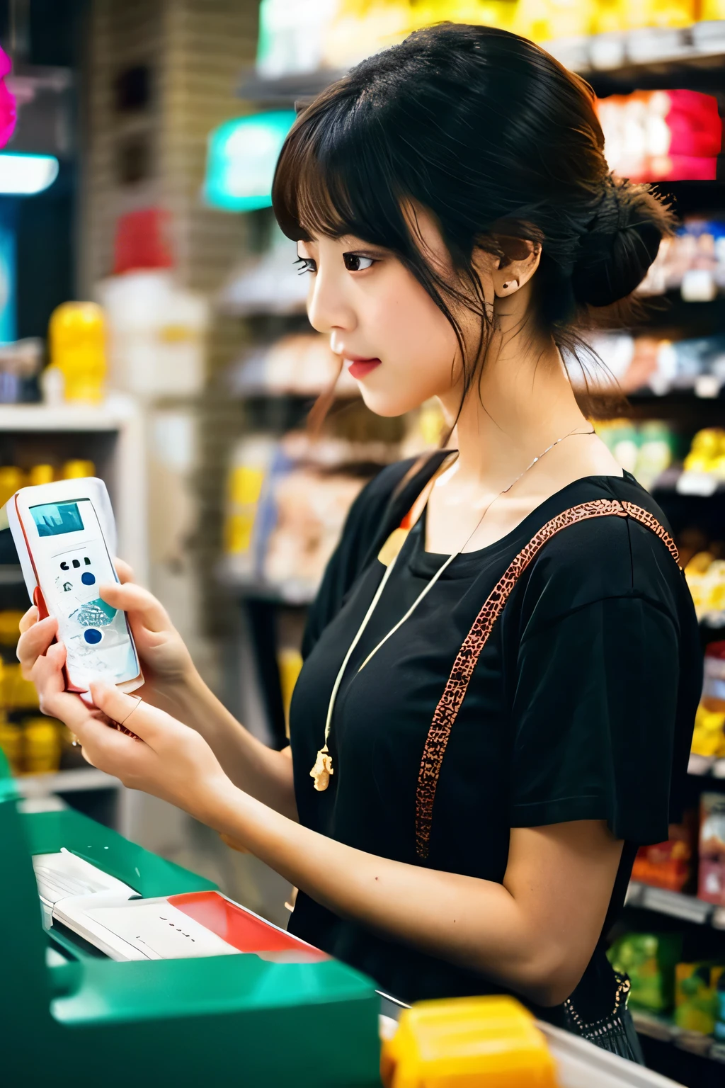 close-up of woman&#39;Hand paying with smartphone at convenience store cash register
