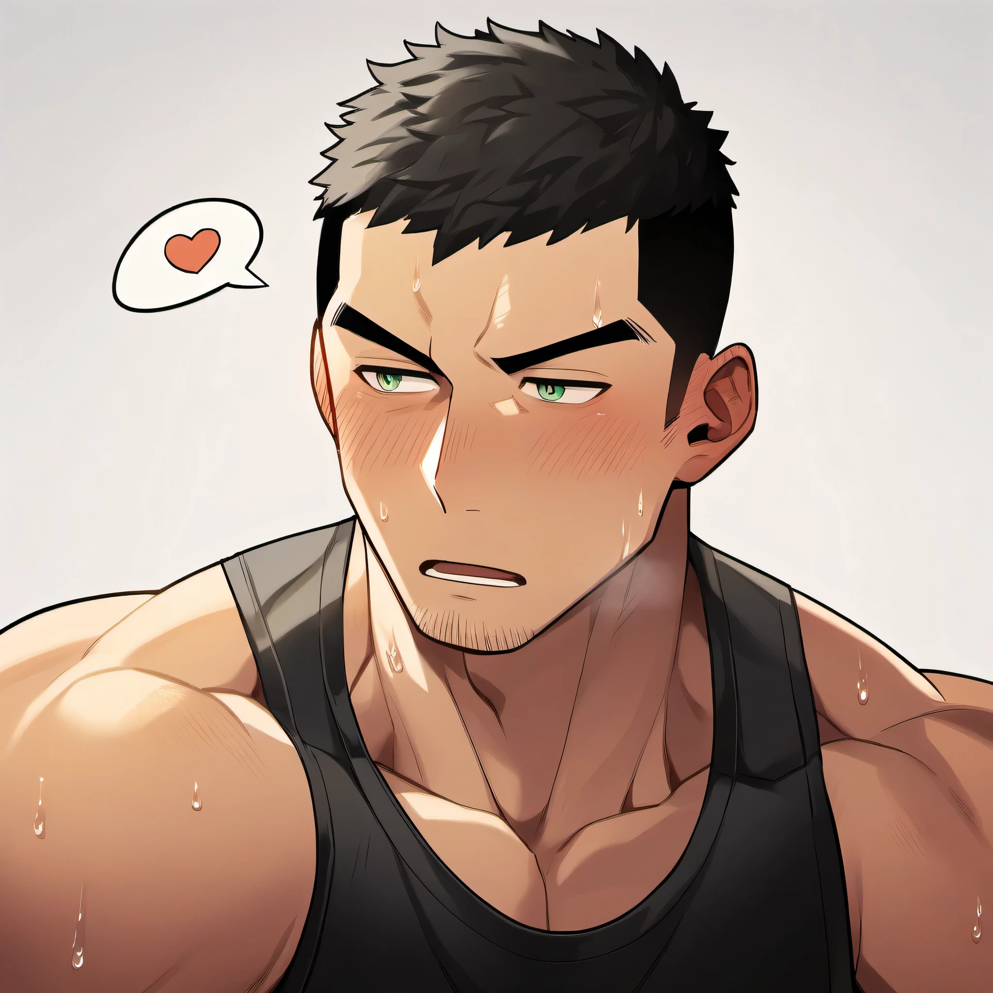 1 sports boy, male focus, Black tight vest, Side peck, muscular male, muscular, only, Upper body, alone, look to the side, dialog box, short hair, stubble, blush, Sweat, black hair, green eyes, open lips, White background, simple background, amazing quality, best aesthetics, Ridiculous, 2023, V-shaped eyebrows, Jiliu, short hair, best quality
