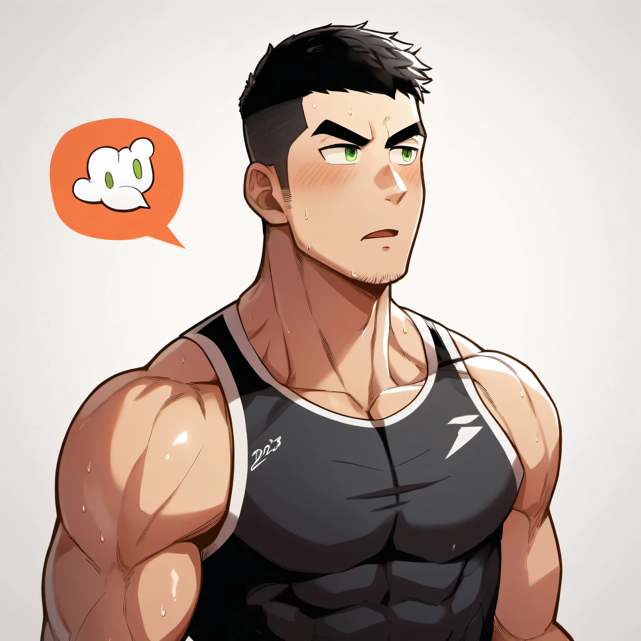 1 sports boy, male focus, Black tight vest, Side peck, muscular male, muscular, only, Upper body, alone, look to the side, dialog box, short hair, stubble, blush, Sweat, black hair, green eyes, open lips, White background, simple background, amazing quality, best aesthetics, Ridiculous, 2023, V-shaped eyebrows, Jiliu, short hair, best quality