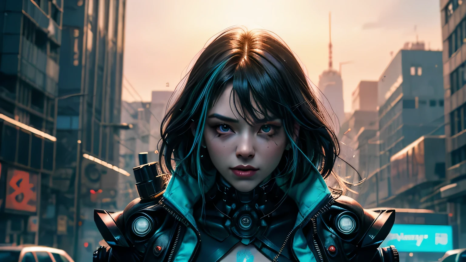Image designer "cyberpunk & Realistic". Futuristic image of a perfectly tattooed woman with a high-tech mechanical prosthesis.. Ощутите эстетику cyberpunkа с помощью неоновых огней и светящихся татуировок., while maintaining a realistic depiction of her features. "lighting" Динамическое неоновое освещение с естественными источниками света для выделения татуировок и протезов в стиле cyberpunk, while maintaining realistic shadows and highlights.. "Camera positioning" Off-center camera position and close-up, съемка динамичной позы для детальной демонстрации татуировок в стиле cyberpunk и высокотехнологичных протезов.. "Color palette" cyberpunk-inspired color palette with neon shades like electric blue, fluorescent pink, and glowing green, complemented by realistic skin tones and metallic accents, symbolizing advanced technologies...