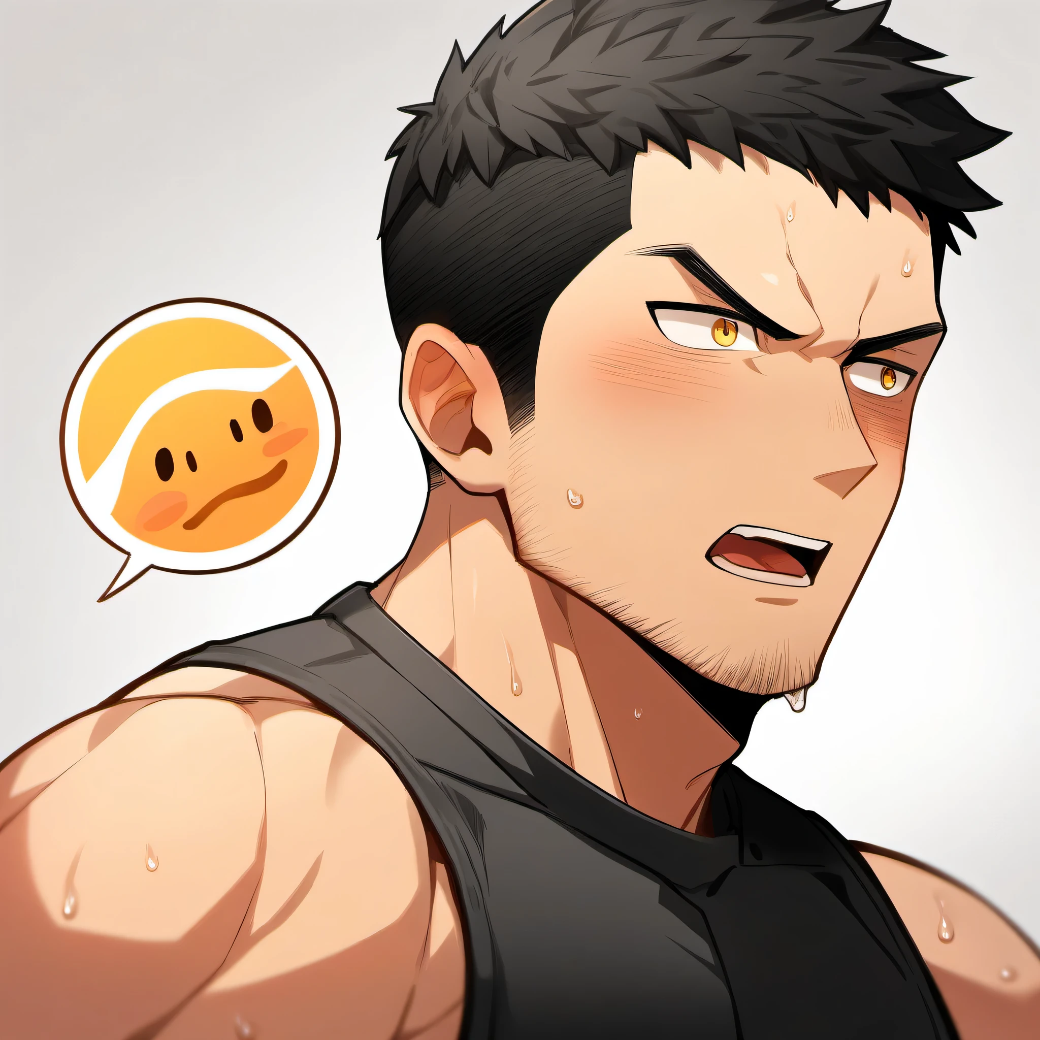 1 sports boy, male focus, Black tight vest,  muscular male, muscular, only, Upper body, alone, look to the side, dialog box, short hair, stubble, blush, Sweat, black hair, yellow eyes, open lips, White background, simple background, amazing quality, best aesthetics, Ridiculous, 2023, V-shaped eyebrows, Jiliu, short hair, best quality