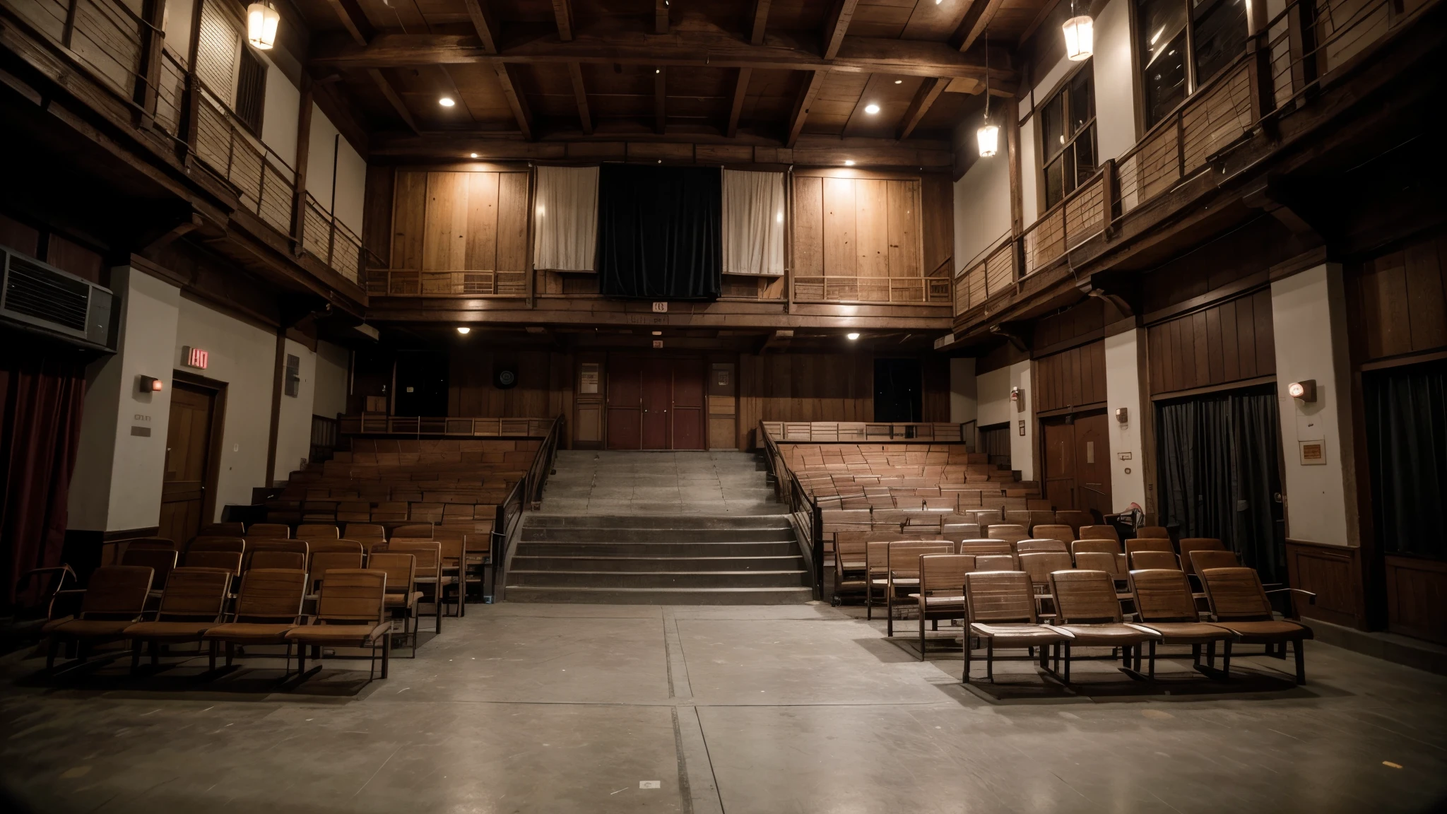 a 1950s Taiwanese movie theater, reminiscent of Lukang Old Street's architectural heritage. The theater stands three stories tall, featuring traditional Minnan-style cement window frames and a façade crafted from a combination of cement and wood. The theater's interior boasts a spacious auditorium with seating visible on both sides of the three-tiered structure,featuring long benches made of Taiwanese cypress. leading up to the large projection screen in the center, draped with a black cloth. The scene captures the authenticity of the era, showcasing intricate details such as the wooden beams supporting the traditional ceiling. The illustration should emulate the vibrant colors and rich textures of color film photography, capturing the essence of the 1950s cinema experience with maximum realism and attention to detail.The perspective is akin to a panoramic photograph taken at eye level(Capture at the center of the scene, keeping the photo horizontal and centered)