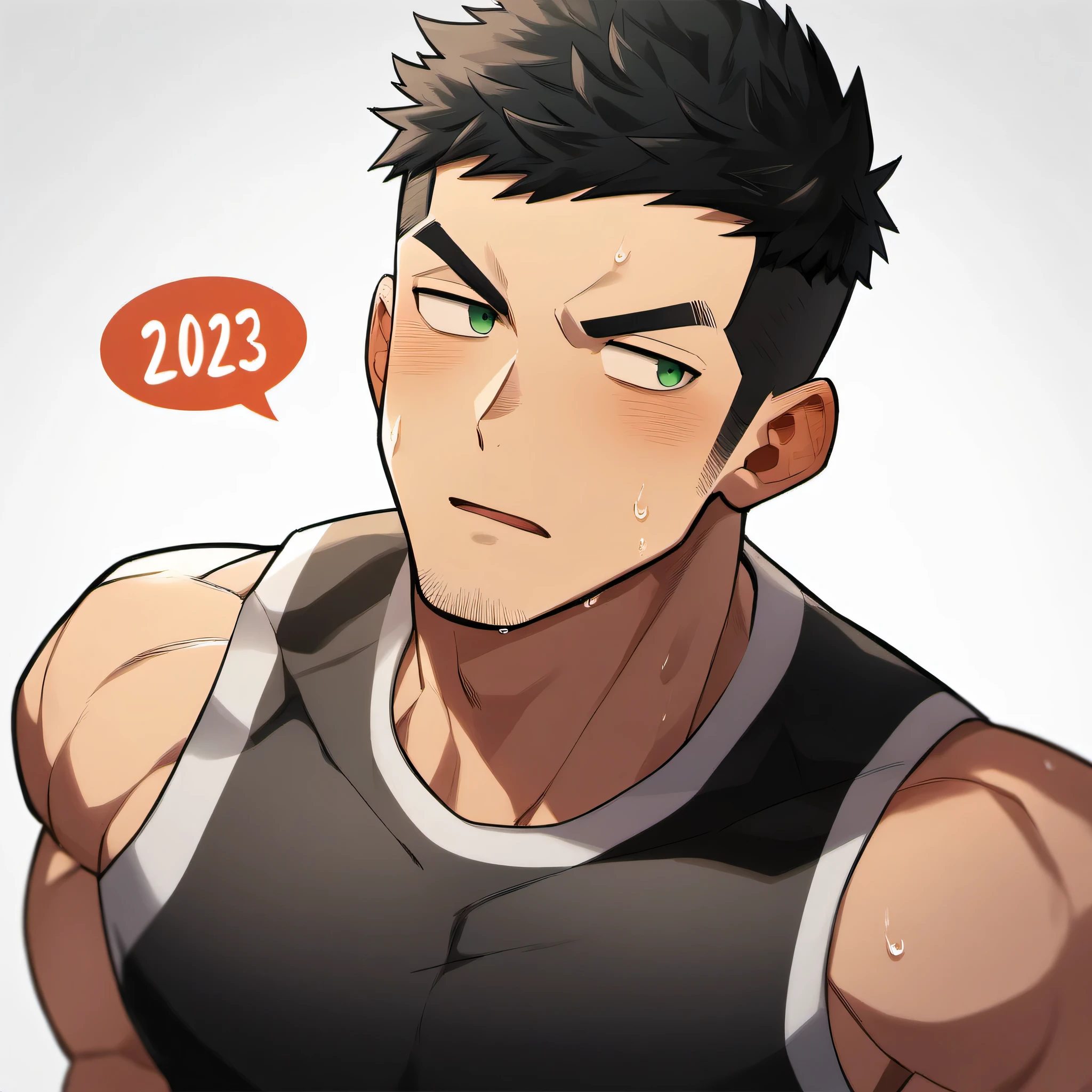 1 sports boy, male focus, Black tight vest, muscular male, muscular, only, Upper body, alone, look to the side, dialog box, short hair, stubble, blush, Sweat, black hair, green eyes, open lips, White background, simple background, amazing quality, best aesthetics, Ridiculous, 2023, V-shaped eyebrows, Jiliu, short hair, best quality