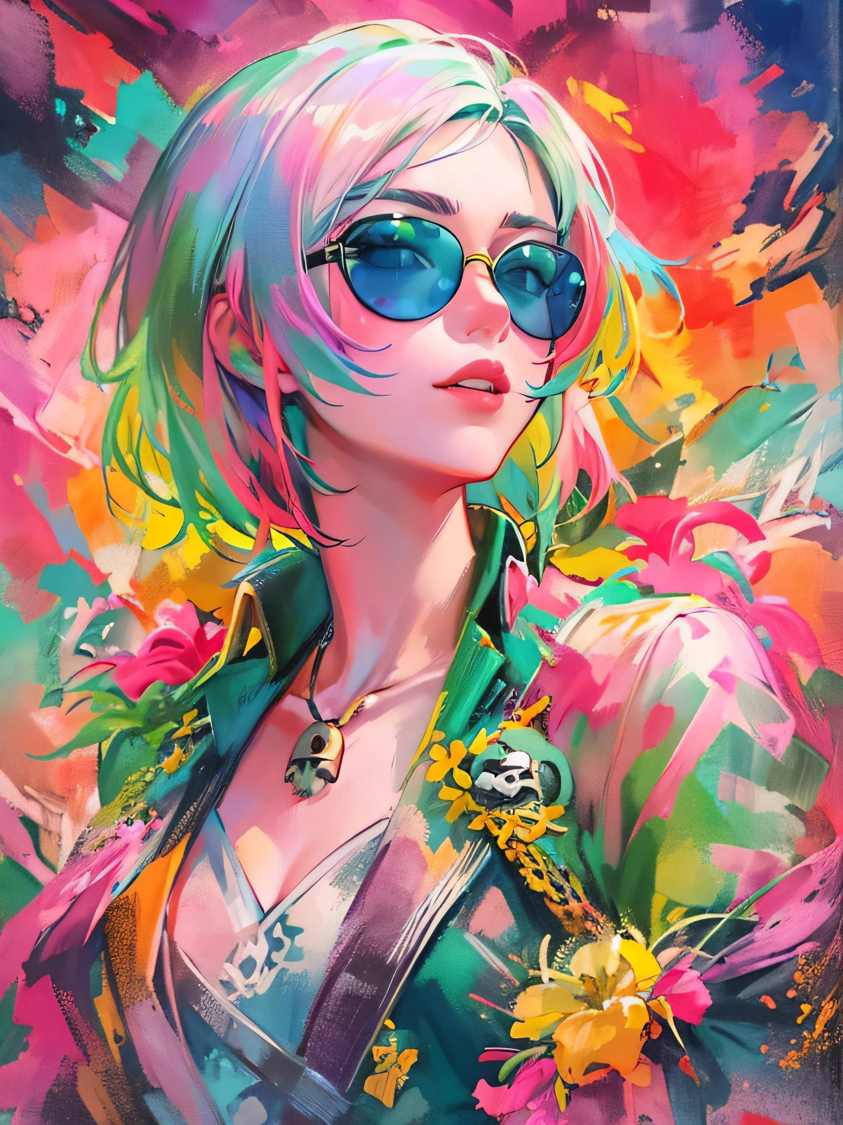 watercolor painting, 8K resolution、((highest quality))、((masterpiece))、((Super detailed))、1 female、alone、incredibly absurd、 (((The most beautiful pirate girl of all time))), (((Stylish sunglasses))), lips in love, white skin, pirate bandana, ((skull fashion)), neon、short cut hair、small breasts, (((colorful doodle art))), colorful flowers、colorful hair, provocative