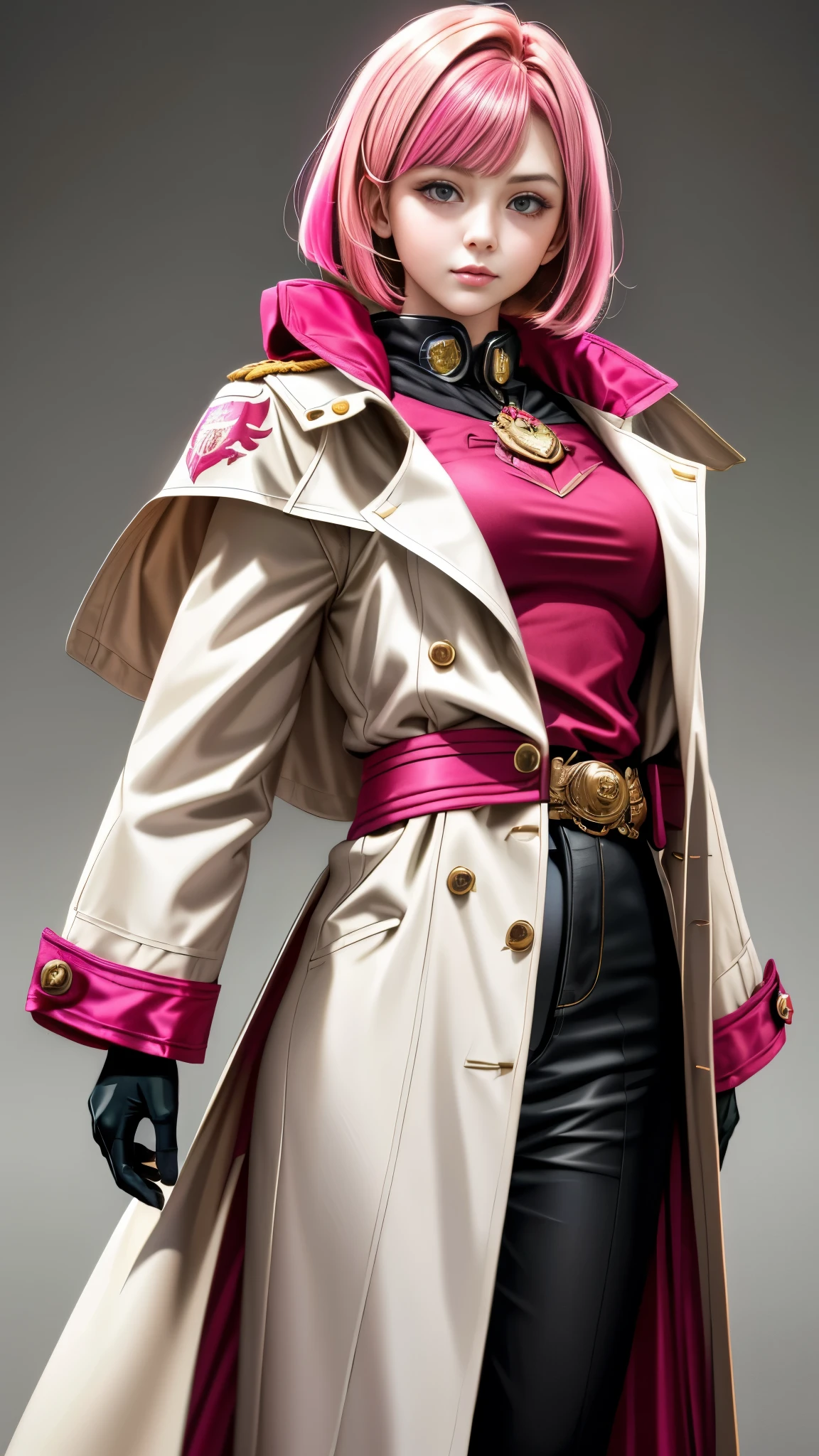 Realistic Red Sotheby Girl Photo，short bob cut，Her hair color is bright pink and has a gradation with blonde.，cool look，background is gray，Coat of arms of the Principality of Zeon，The 16-year-old daughter of Hamankarn and Char Aznable.，