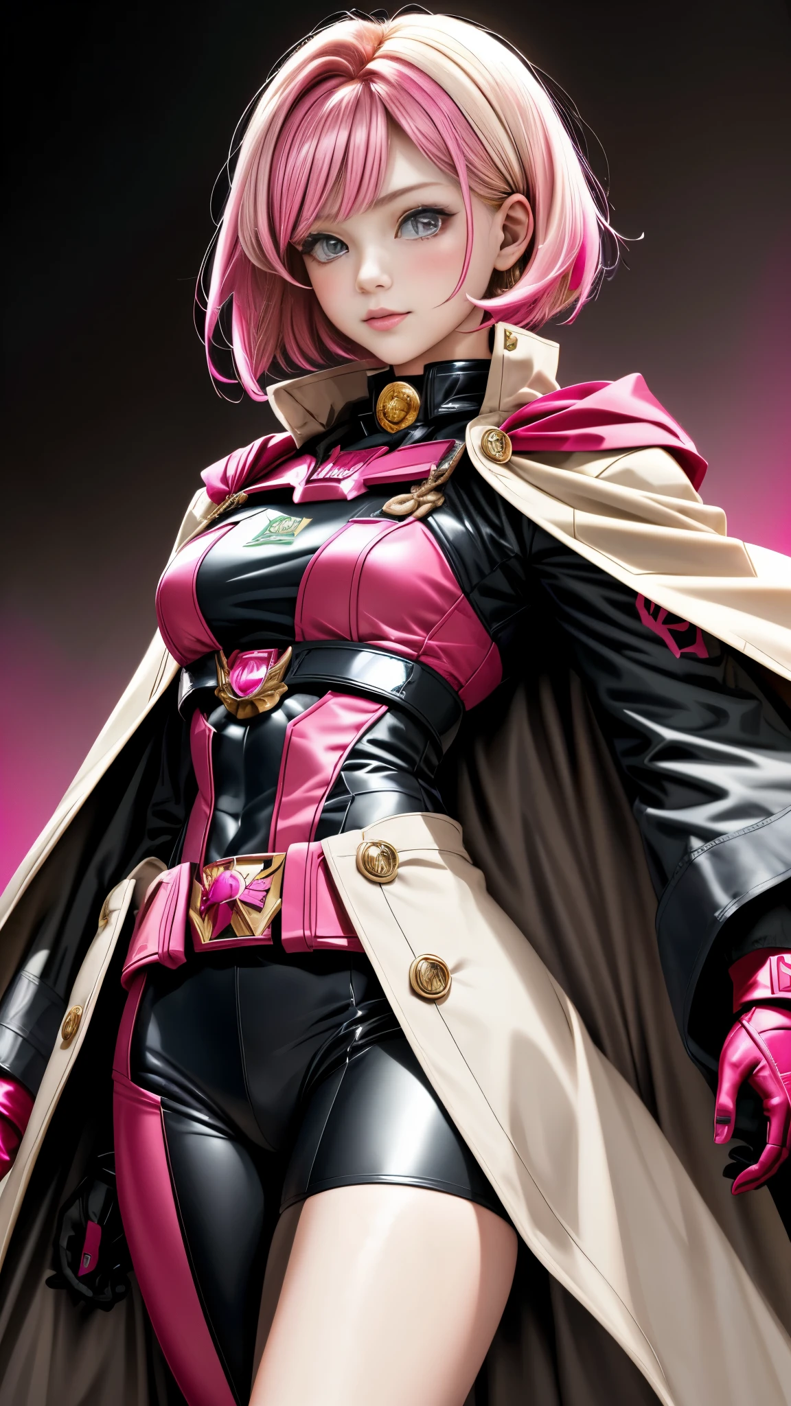 Realistic Red Sotheby Girl Photo,short bob cut,Her hair color is bright pink and has a gradation with blonde.,cool look,background is gray,Coat of arms of the Principality of Zeon,The 16-year-old daughter of Hamankarn and Char Aznable.,