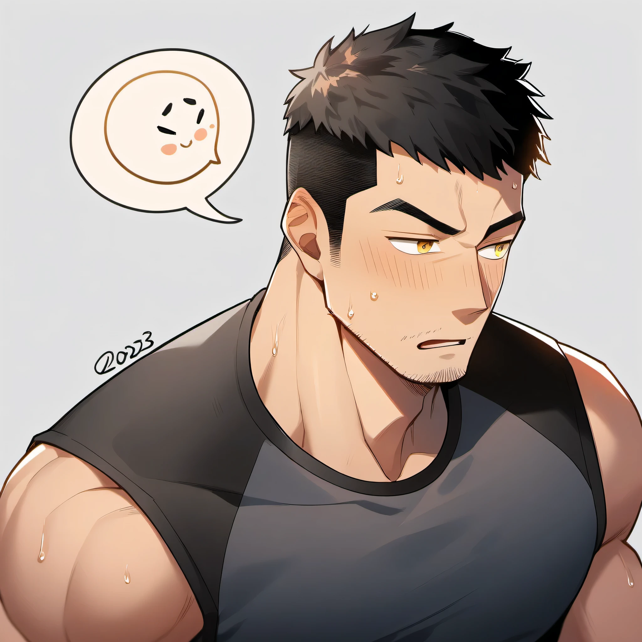 1 sports boy, male focus, Black tight vest, muscular male, muscular, only, Upper body, alone, look to the side, dialog box, short hair, stubble, blush, Sweat, black hair, yellow eyes, open lips, White background, simple background, amazing quality, best aesthetics, Ridiculous, 2023, V-shaped eyebrows, Jiliu, short hair, best quality