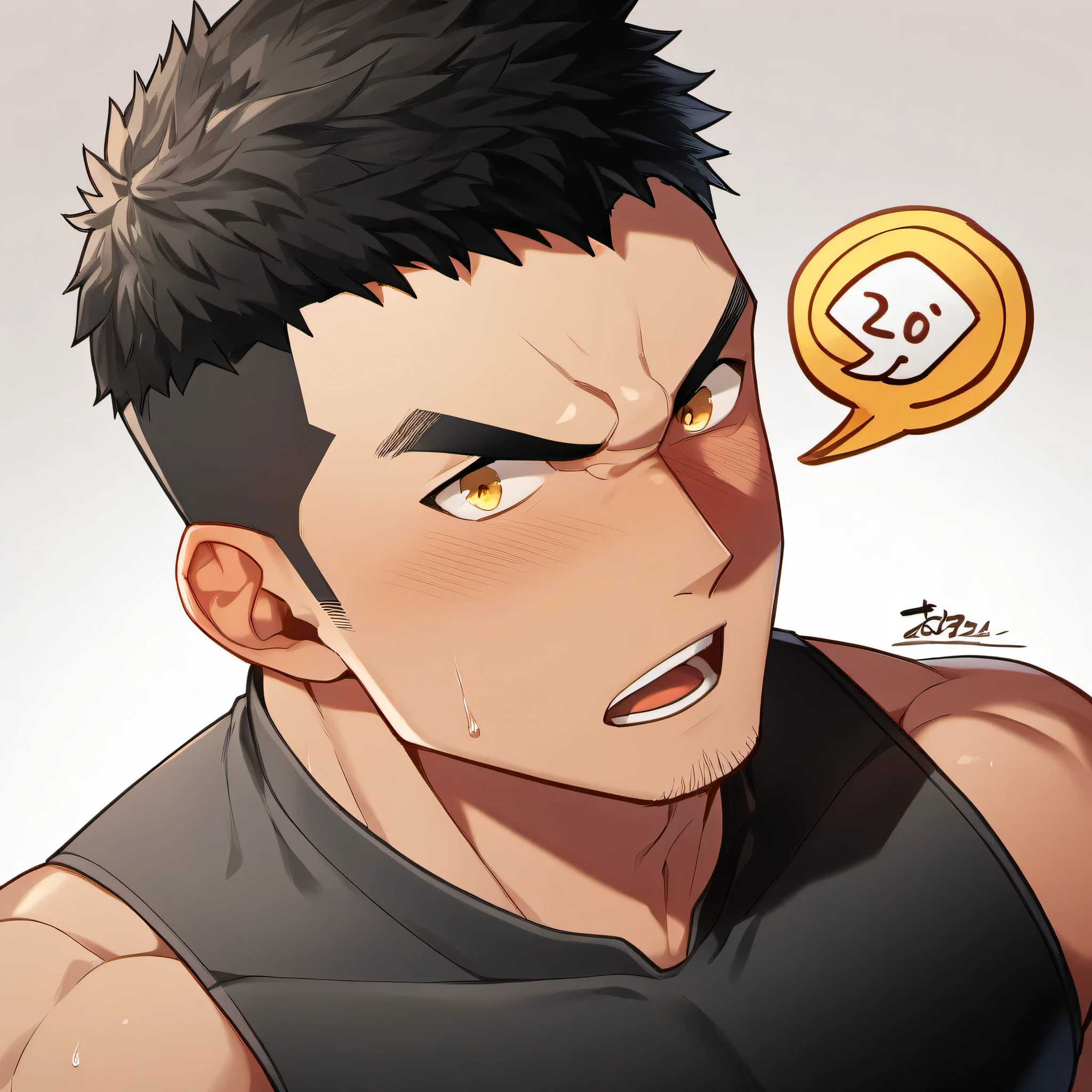 1 sports boy, male focus, Black tight vest,  muscular male, muscular, only, Upper body, alone, look to the side, dialog box, short hair, stubble, blush, Sweat, black hair, yellow eyes, open lips, White background, simple background, amazing quality, best aesthetics, Ridiculous, 2024, V-shaped eyebrows, Jiliu, short hair, best quality