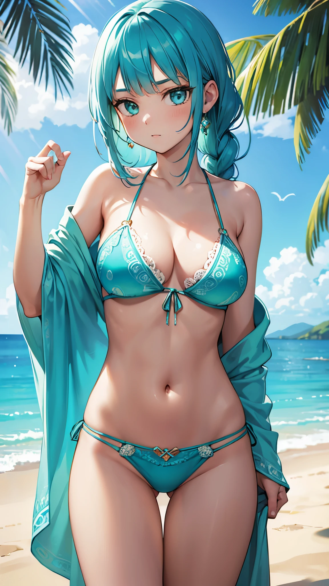 Bohemian Chic in Turquoise: A boho-inspired bikini set with intricate turquoise patterns and crochet details.
ultra detail, vibrant colors, girl, masterpiece, sharp focus, best quality, depth of field, cinematic lighting, realistic, correct anatomy,