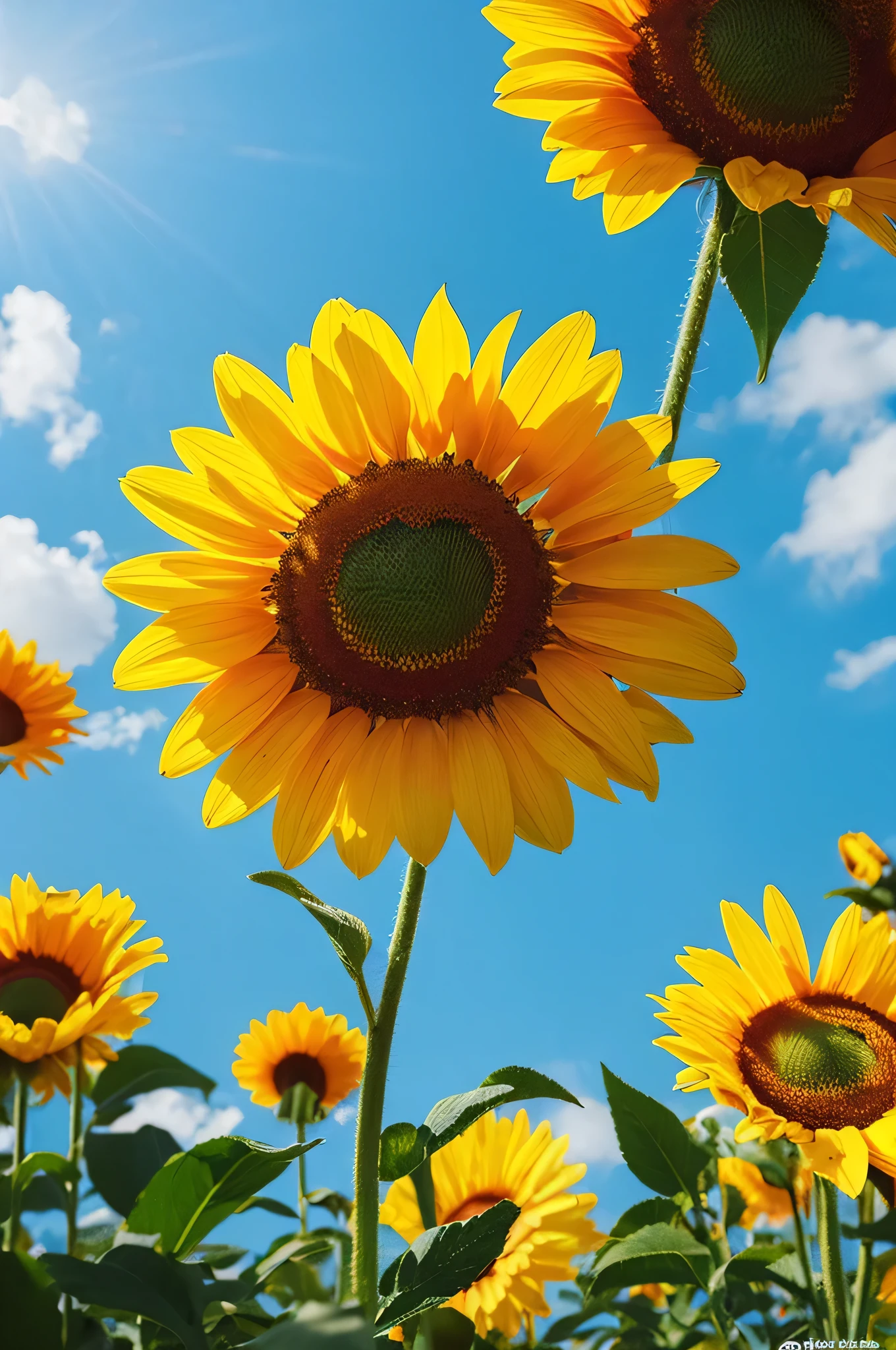masterpiece、highest quality、sunflower field、blue sky、oil painting style