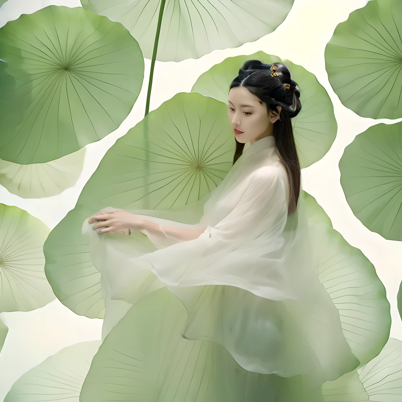 girl，alone，giant lotus leaf，black hair，skirt，Permanently installed观众，
white skirt，OK，Permanently installed，单OK，Leaves，long sleeves，red lips，actual