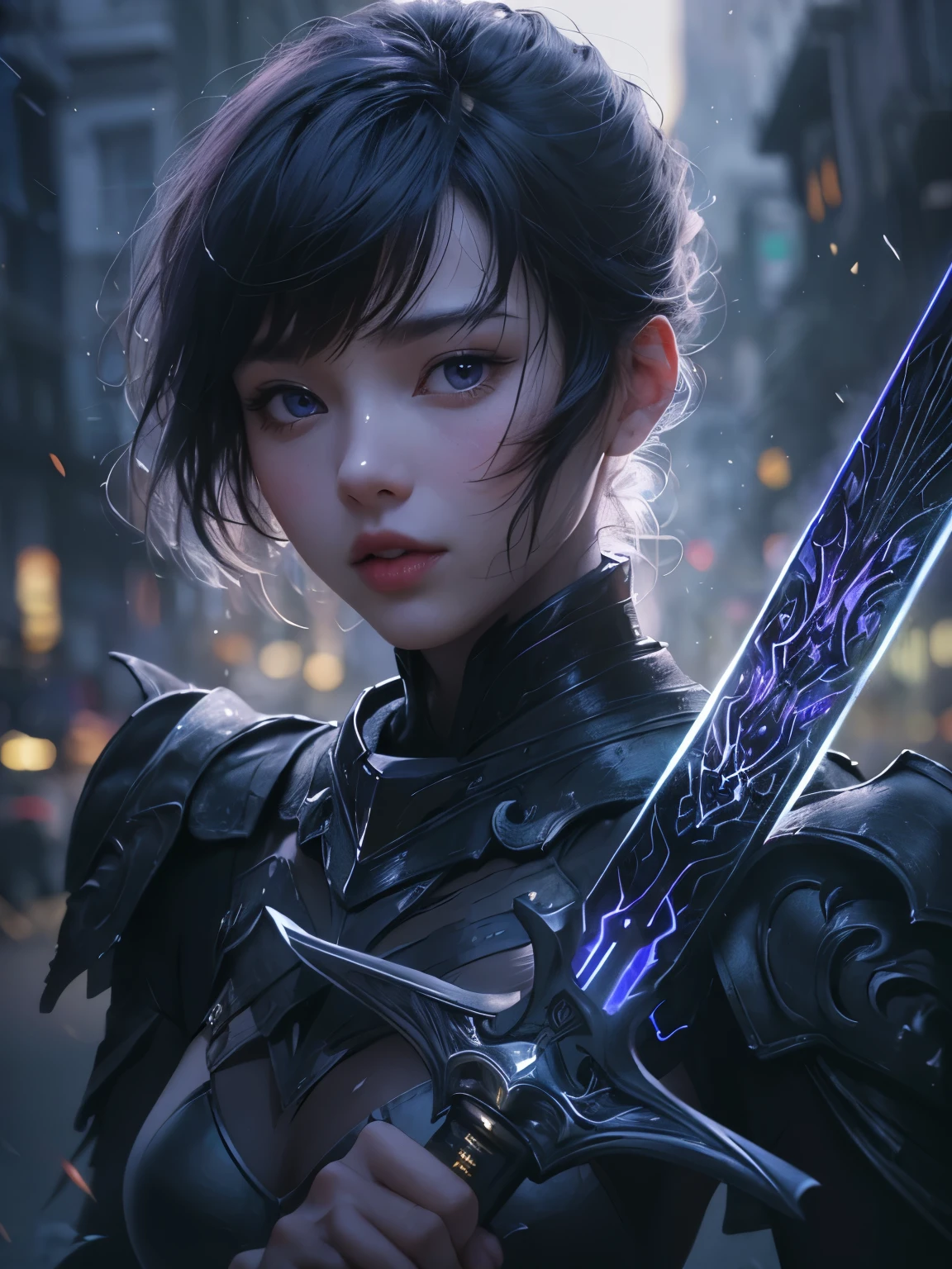 NSFW((masterpiece)), (((Best Quality))), ((Ultra-detailed)), (extremely detailed photo), ((extremely delicate and beautiful)),(Cute delicate face), (A 25 years old dignified girl),(black and violet full armor) ,(holding a violet glowing sword ),short hair,against a dark background in a city,solo, double eyelid,delicate skin,slender body shape,