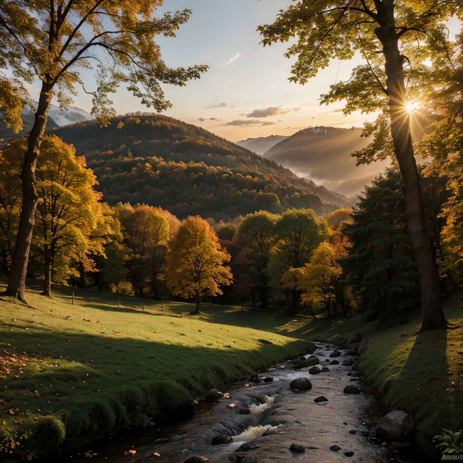 size trees, Felsen, Fluss, Sonnenuntergang, Abend, Herbst, Wald.