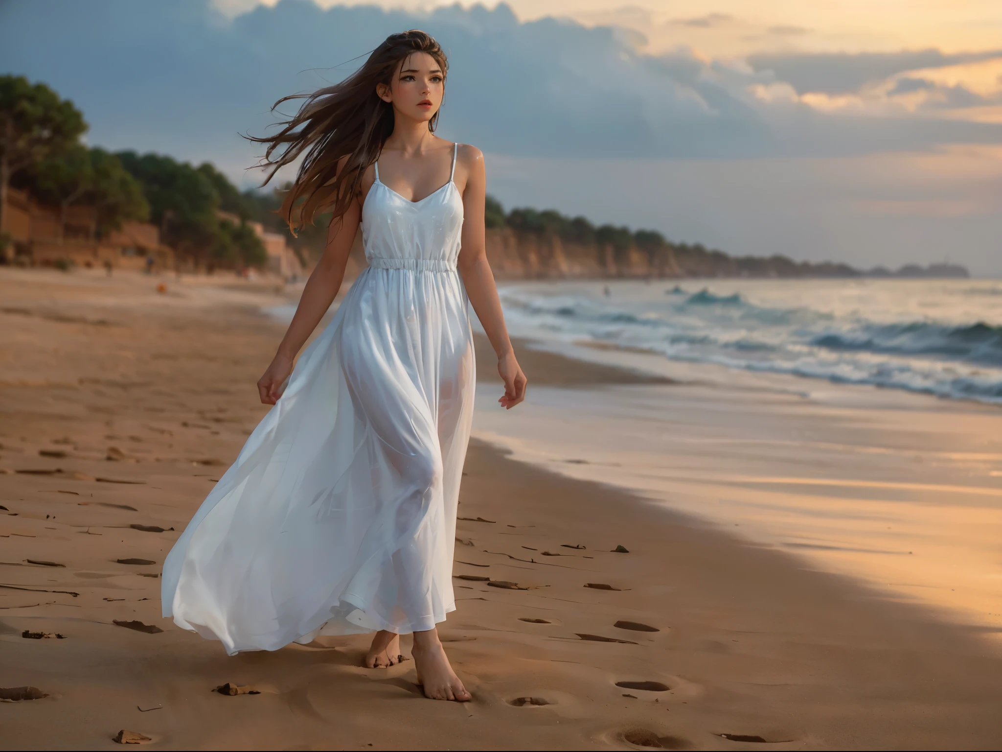 Beautiful evening beach with stars, waves illuminated by the setting sun, Calm and quiet waves、Beautiful woman walking on a sandy beach on a small island, gentle smile, beautiful blue eyes, long brown hair, (( The woman's face is beautiful and detailed)), Wet and glowing, white dress, white cart, walking shoes)),There are multiple cats on the beach、 ((highest quality)), ((high resolution 16k)), ((The background is realistic and beautiful.)), --automatic