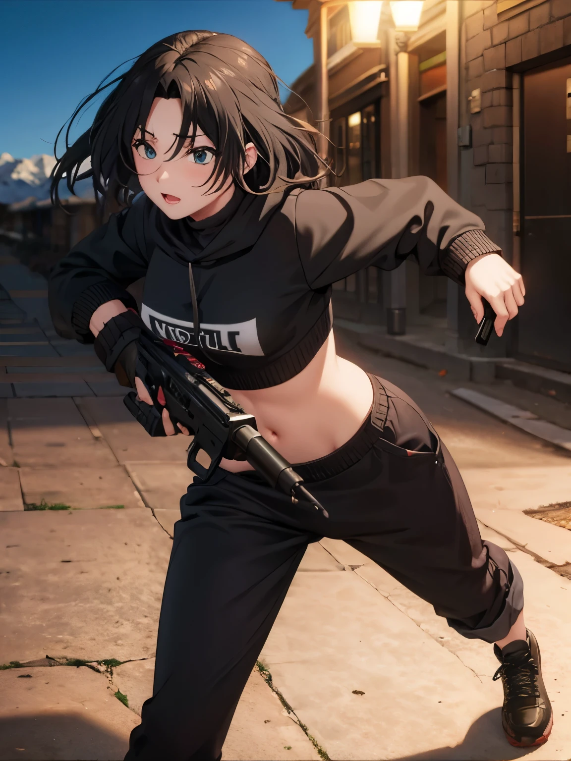 1 girl,black hoodie, Dominique de sade,Black Long pants ,holding a gun, running around, ultra detail,At the north pole