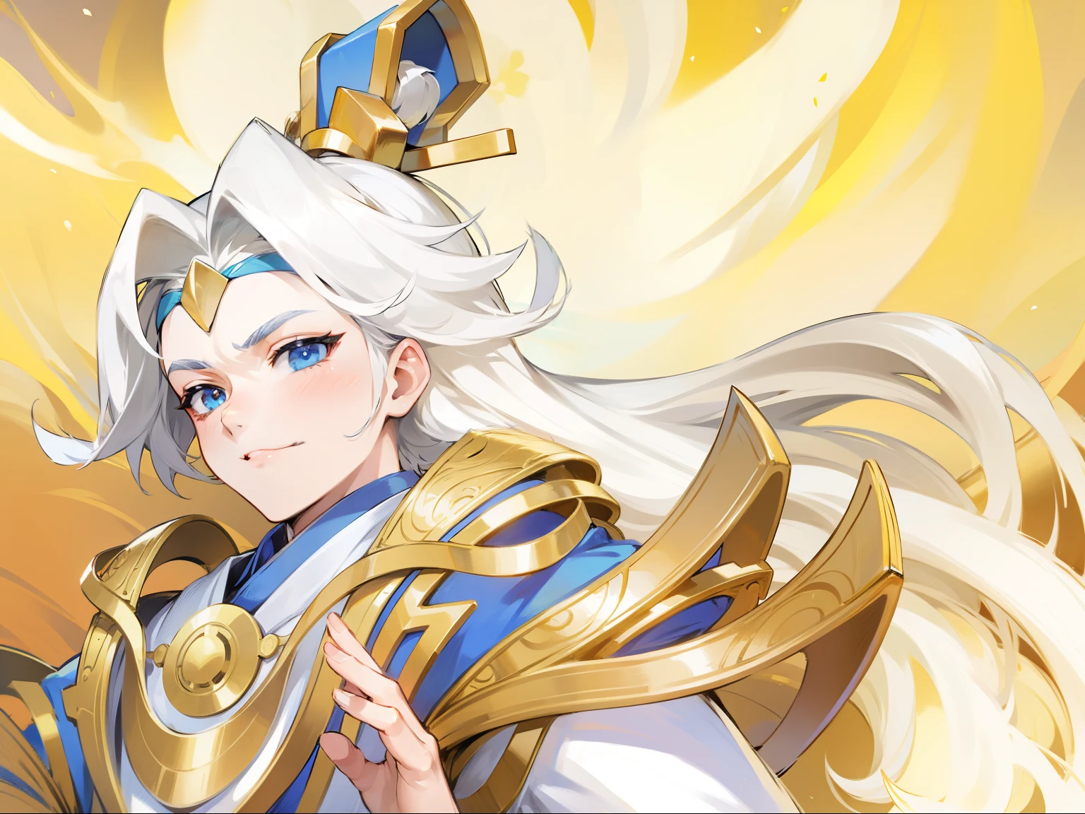 White-haired boy,Xian Xia,flowing hair,Gold costume,