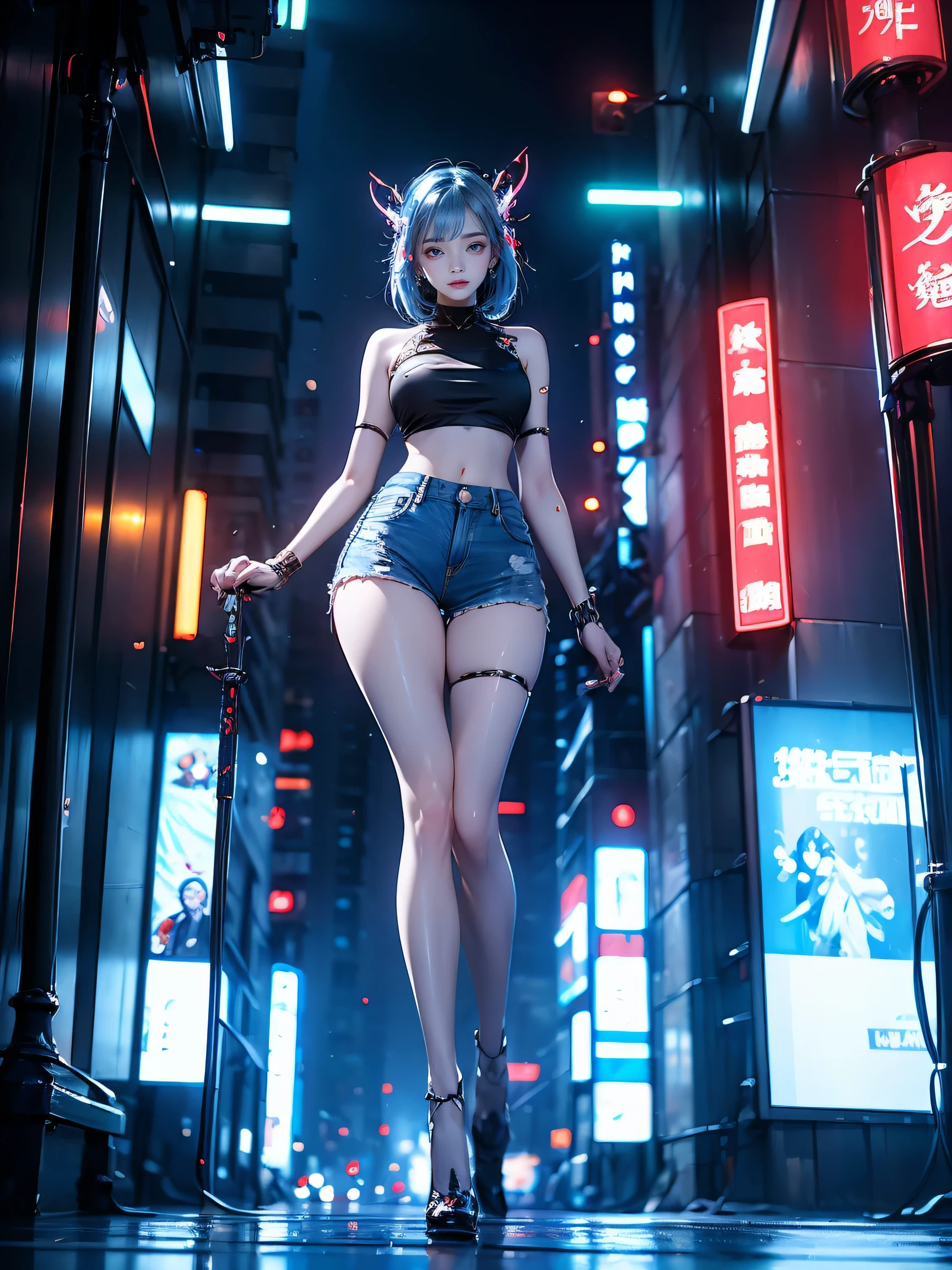 masterpiece,best quality,high resolution, 1 girl,from below,(The legs are very thin and straight),,(legs are very long,straight legs),,High heel,long legs,stand up, Leg length when viewed from the front, Perfect body,Have perfect legs,(External),Full body female love,cyberpunk characters,dynamic poses,1 girl,exquisite eyes,brown eyes,eye shadow,cosmetic, Detailed face, exquisite eyes, looking at the audience, blush\(cosmetic\), plump lips, red lips,(long white hair:1.3), (stand up)Mechanical static electricity,Mechanical Summons,(hair accessories:1.1),hat,((((shorts)))),City,Luminous clockwork,Holding a long sword in hand,arms,cyberpunk lamp:1.1),neon lights,Fully mechanical and futuristic elements,science and technology,背景是一條中國傳統的street,China Town, street, sky sky, cyberpunk characters, paper lantern, Neon Super Resolution,(realism:1.3),1(Slim:1.2),dramatic lighting,Vibrant details,Luxury Cyberpunk,complex background,Rendered by Octane