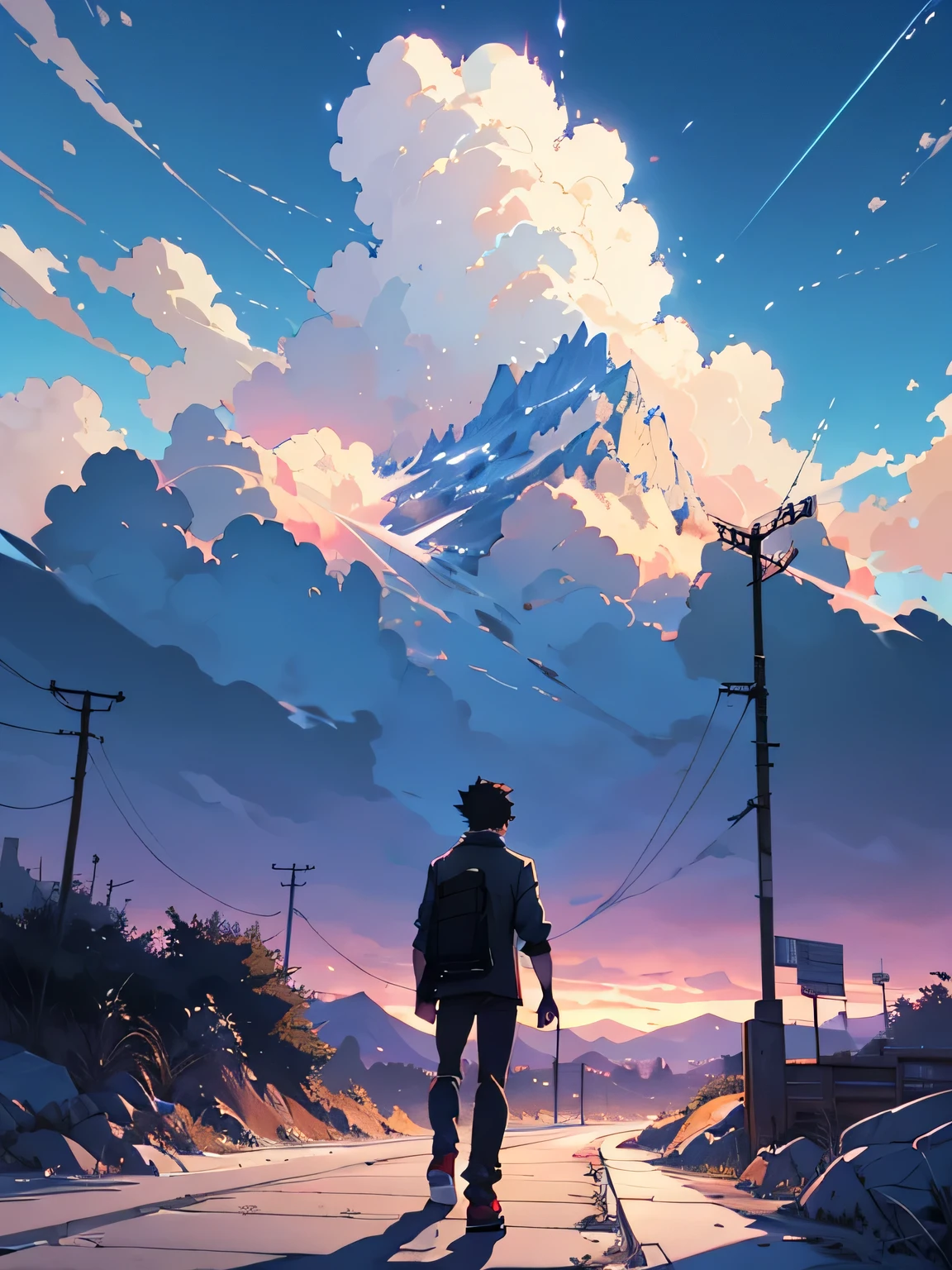 Anime - style scene of beautiful sky with a blue sky and shiny. by makoto shinkai, anime art wallpaper 4k, anime art wallpaper 4 k, anime art wallpaper 8 k, anime wallpaper 4k, anime wallpaper 4 k, 4k anime wallpaper, anime sky, amazing wallpaper, anime background, ghilbi vibes,a young man stand with holding the badminton, far city, far mountain, sport arena,