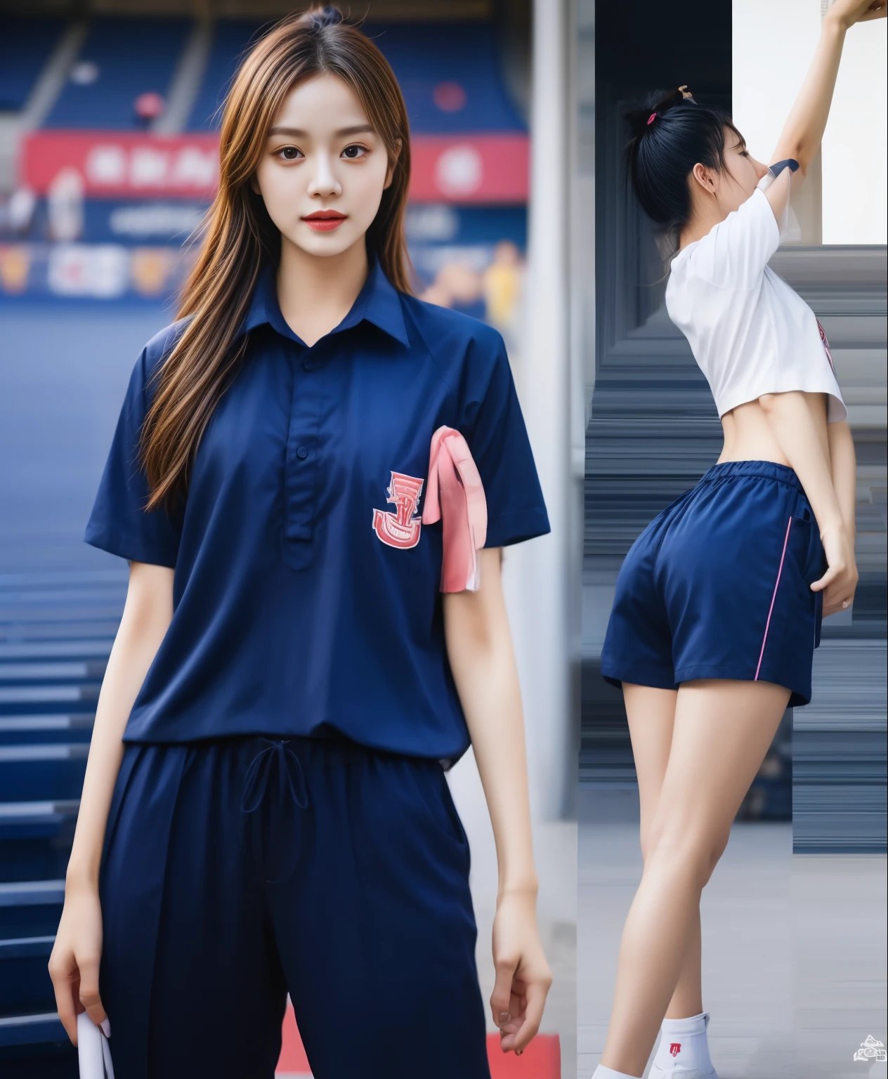 (best quality,10,10,height,Masterpiece:1.2),Special details,(realistic,ภาพrealistic,Realistic photos:1.37),1 cute girl on the football field,shiny, ผิวshiny,only,smile softly,BDclothelue shirt:1.3)),short sleeve,shirt, กางเกงขาlong.,(navy_long_track pants:1.1), ((stadium background:1.3)),Dynamic angle,excited,Face focus,dynamic poses,from behind,focus on ass,Masterpiece, best quality, ultra realistic, hyper-detail, 8K resolution, raw photos, Sharp focus, ((Navy blue shirt:1.1)), short sleeve, เส้นทางlong, perfect body, 2 mature women, 18 years old, Cinema-grade lighting system,blue sweatpants,shirtผ้าออกกำลังกาย,correct anatomy,perfect body, correct body, Sharp face, correct bodyทางกายวิภาค, full body, realistic gestures, long-haired, realistic poses,Wear long shorts................................,ช่วงขาlong,Good shape,carved girl, Slender figure, model, Good shape, beautiful body,blue sweatpants, two girls kissing