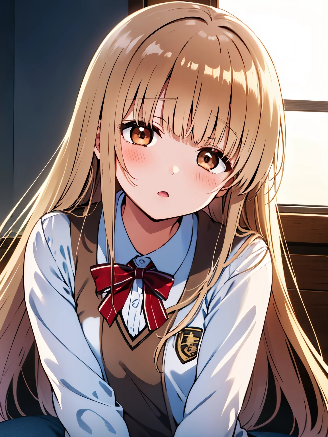 (The beauty of one beautiful girl、shiina mahiru、１８years old、Brown-eyed(High resolution eyes、Beautiful eyes、Light in the eyes)、super high precision、hiquality、top-quality、animesque、2D、Blonde Long Hair、Fine-grained skin、Red cheeks、Red earischievous、During naughty delusions、Beautiful small breasts)、Close-up representation of a single person、Full body like、Wearing a school uniform、