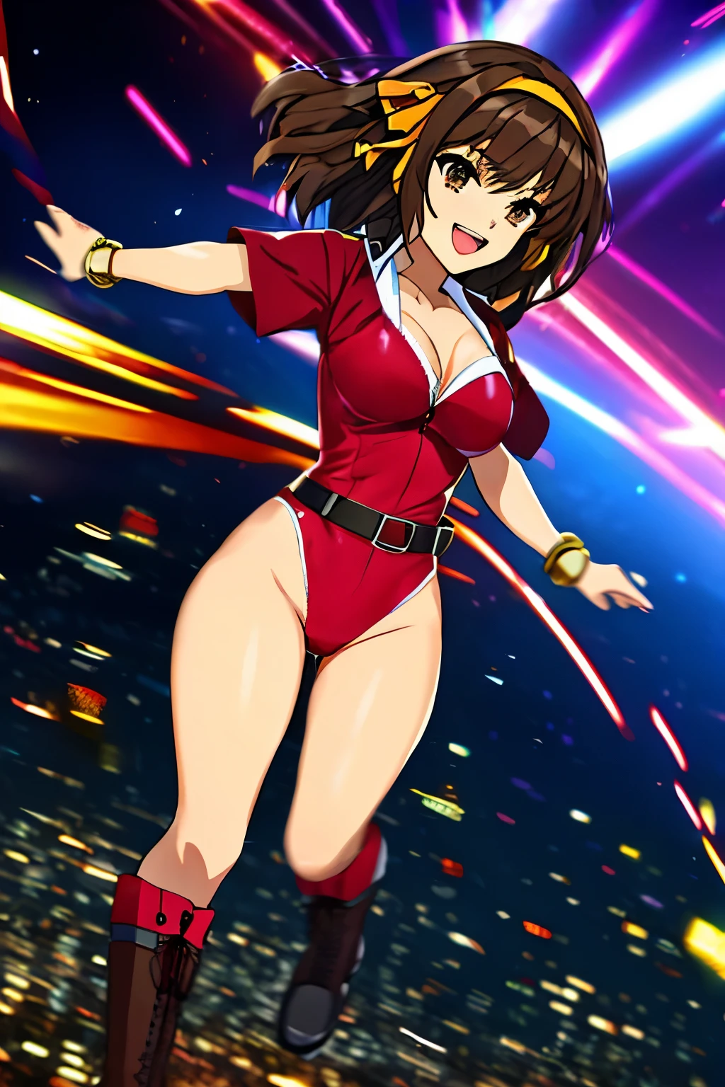 1girl, medium breasts, leotard, blue leotard with red accents, tight belt, bare legs, boots, matching boots, bracelets, city backdrop, solo, single, standing, full body shot, cowboy shot, beautiful detailed eyes, haruhi, looking_at_viewer, smile, short_hair, open_mouth, bangs, brown_hair, ribbon, cleavage, brown_eyes, hair_ribbon, :d, hairband, medium_hair, v-shaped_eyebrows, orange_hairband, spread arms, spinning, spins fast in place like a tornado, twirling in place, tornado spinning, rapid gyration, space backdrop, motion blur, speed lines, tornado, time warp
